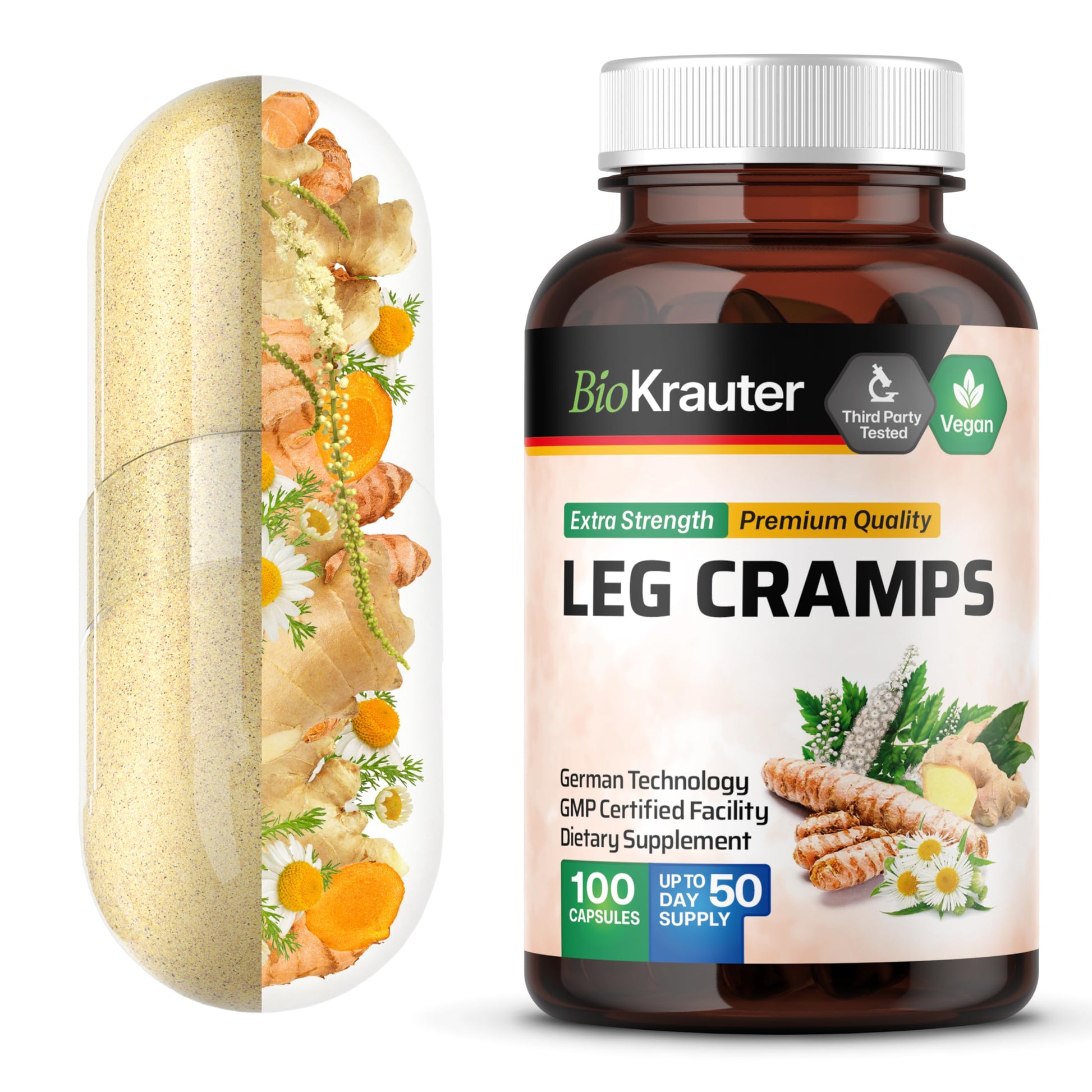 BIO KRAUTER® Magnesium Glycinate for Leg Сramps & Relax - 5-in-1 Formula Magnesium Glycinate 400mg with Turmeric, Black Cohosh, Ginger, Chamomile 1200 mg 100 Caps - No Fillers, Non-GMO, 50-Day Supply BIO KRAUTERAu supplements