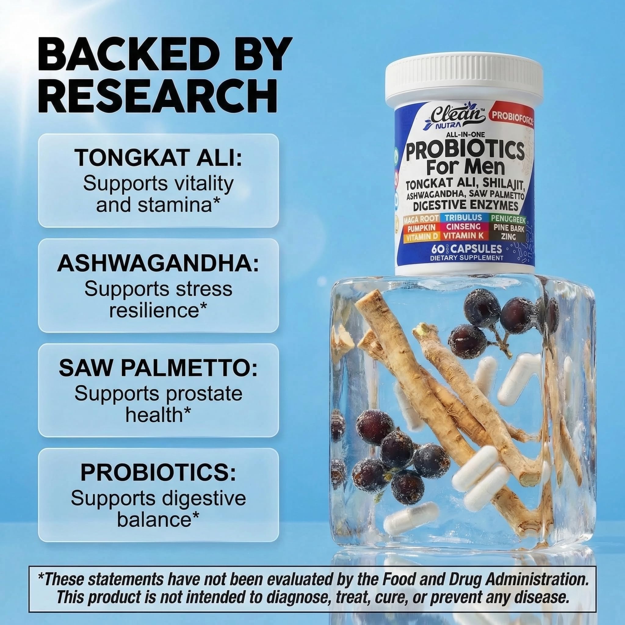 Clean Nutra Probiotics for Men | Tongkat Ali, Saw Palmetto, Tribulus, Ginseng, Ashwagandha, Maca, Pumpkin, Gingko Biloba, Pine Bark, Fenugreek, Shilajit, Zinc - Mens Probiotic 60 Capsules Clean NutraceuticalsAu supplements