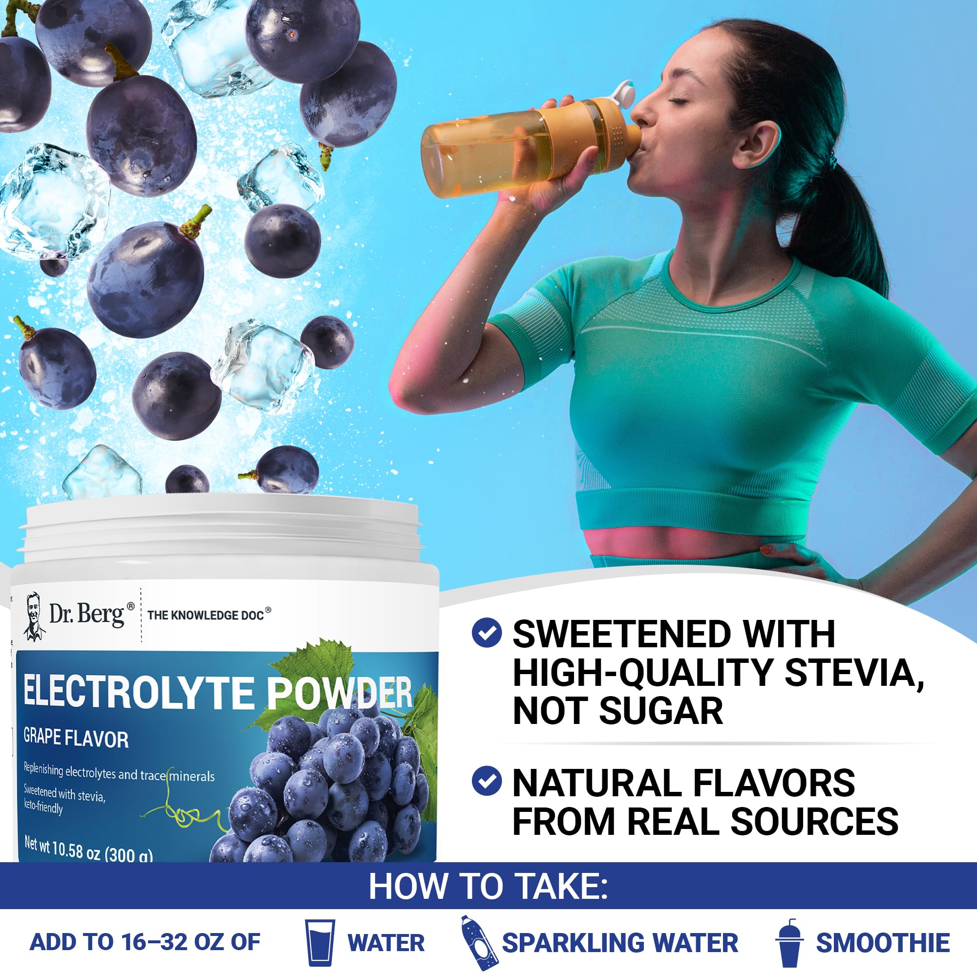 Dr. Berg Zero Sugar Hydration Keto Electrolyte Powder - Enhanced w/ 1000 mg of Potassium & Real Pink Himalayan Salt (NOT Table Salt) - Grape Flavor Hydration Drink Mix Supplement - 50 Servings