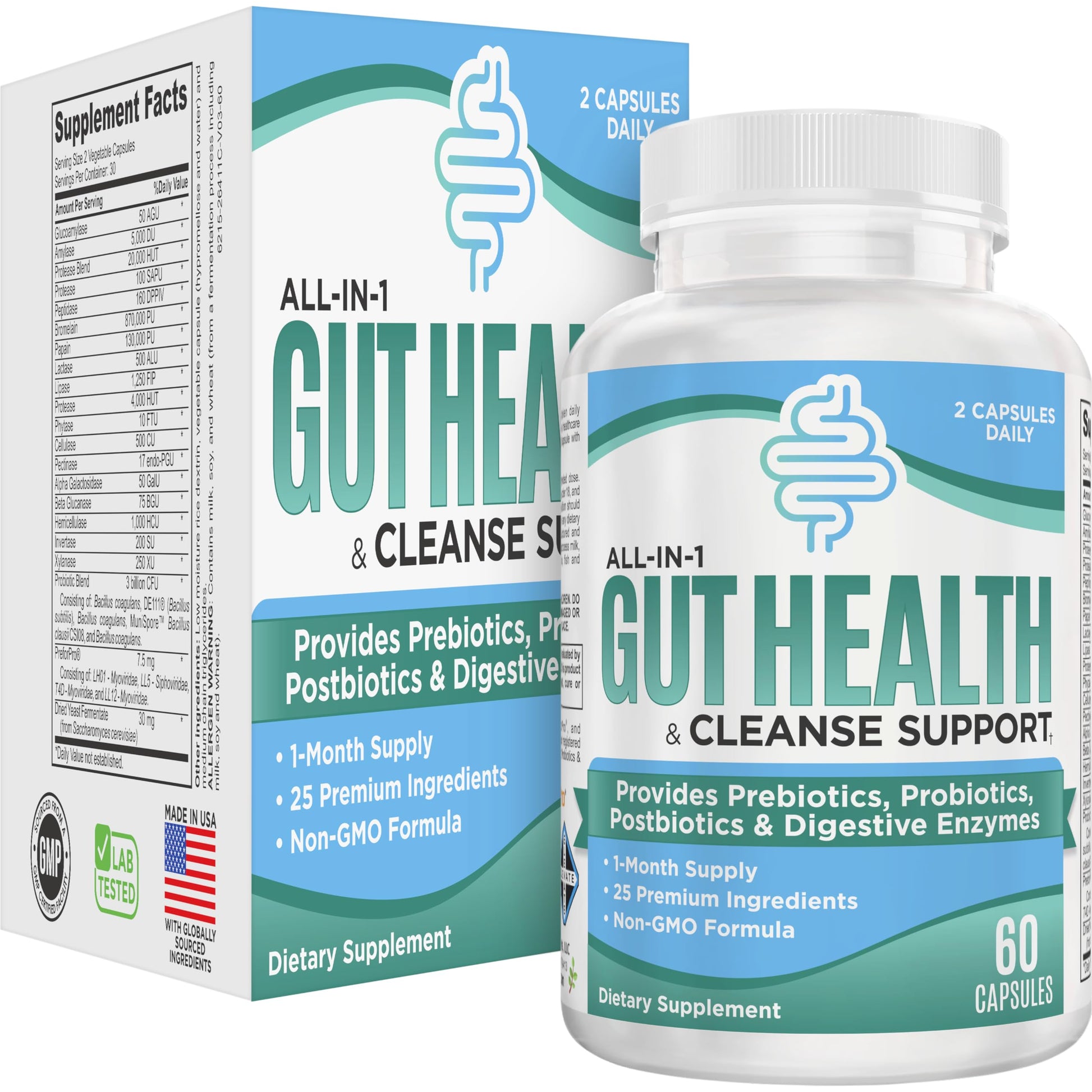 Gut Health Support Supplement (25-in-1) with Prebiotics, Probiotics, Postbiotics & Digestive Enzymes | Gut Supplements | 60 Capsules Elevate Recovery SupplementsAu supplements