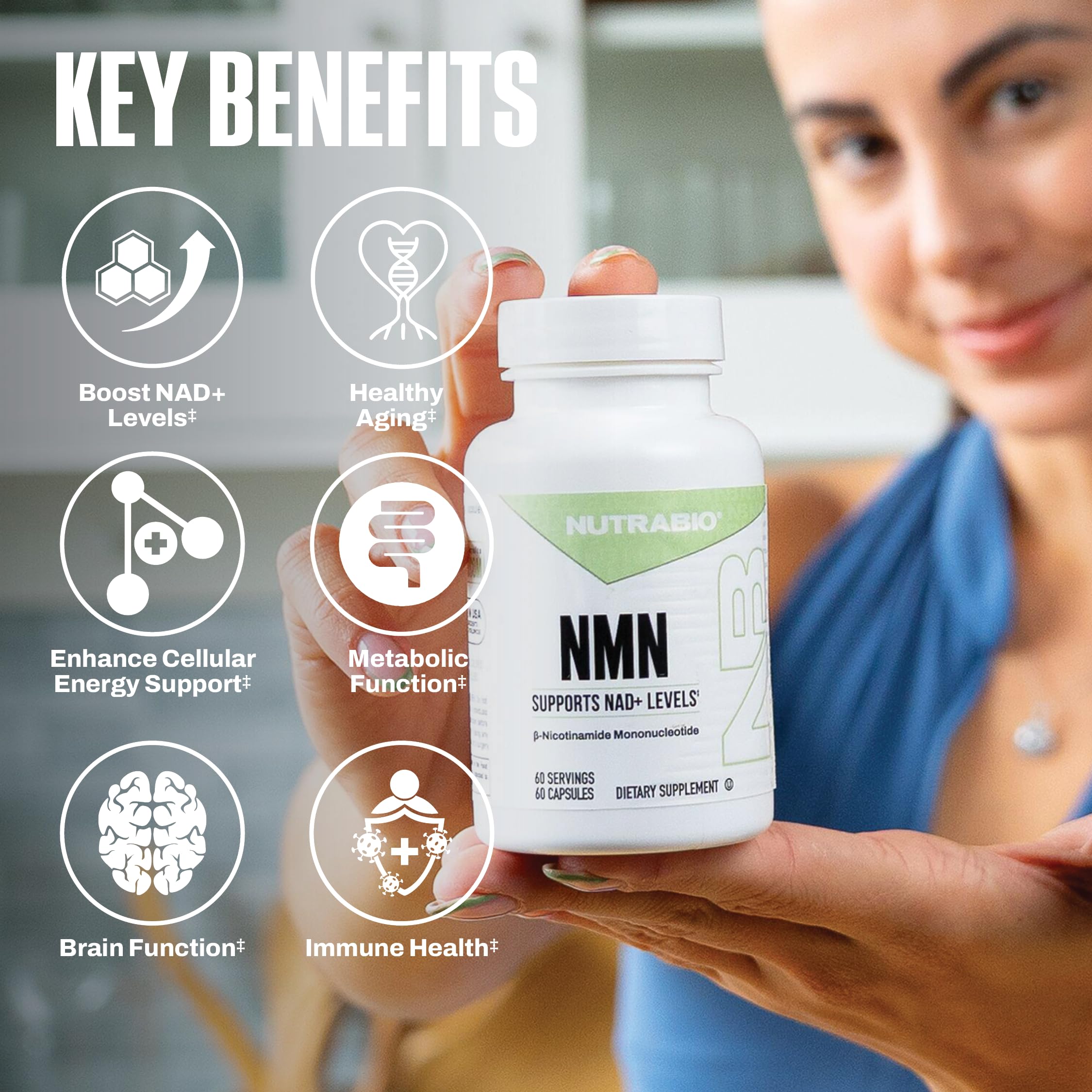 NutraBio NMN - NAD Supplement, Longevity Support, Boost NAD Levels, Increase Cellular Energy, Brain Health, Healthy Aging- 60 Servings- 60 Capsules NutraBioAu supplements
