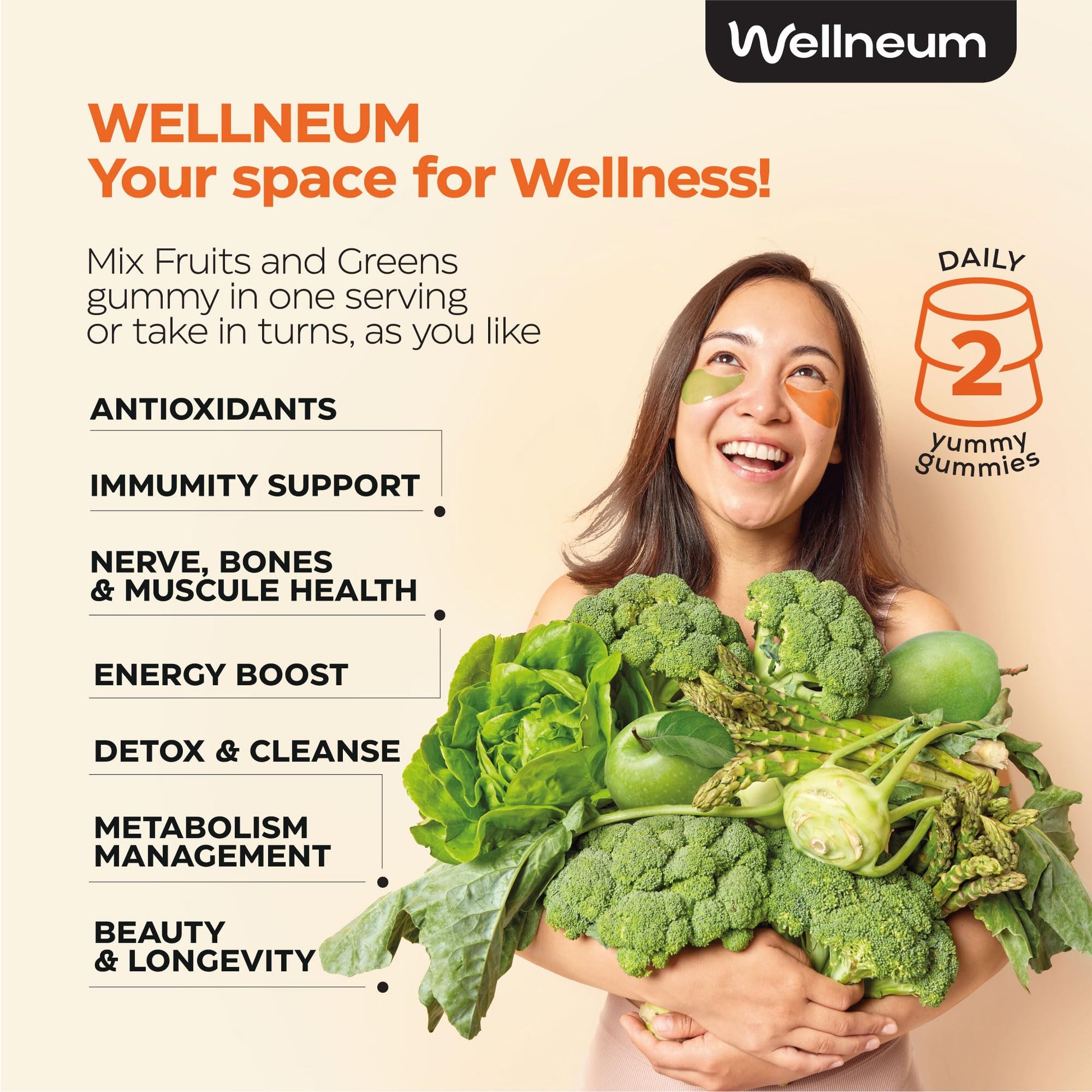 Super Greens + Super Fruits Gummies (Fruits/Greens Powder in Gummies Form) - 600mg Greens Blend + 600mg Fruits Blend for Immune Support, Sugar Free, Vegetarian, Non-GMO, 2-Pack (120 Gummies) WellneumAu supplements