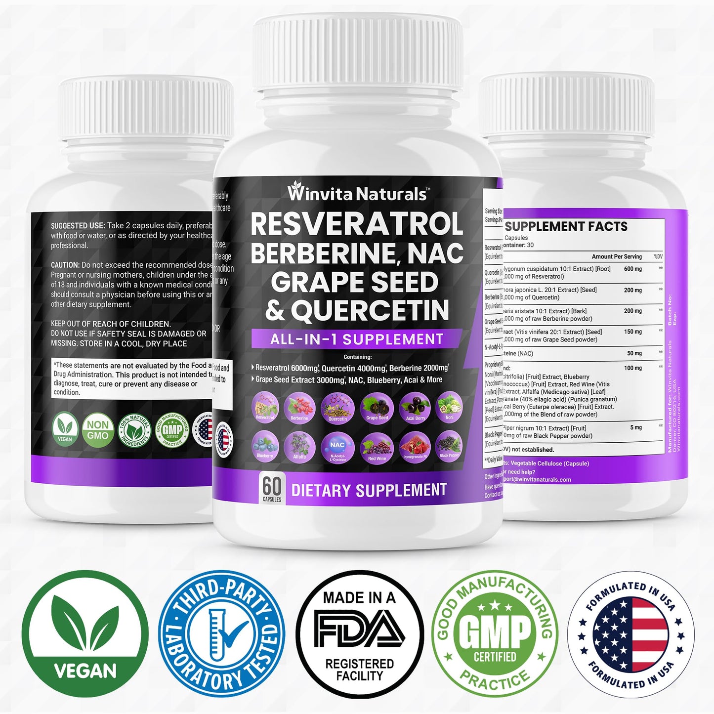 Resveratrol 6000mg Quercetin 4000mg Berberine 2000mg Grape Seed Extract 3000mg Winvita NaturalsUS supplements