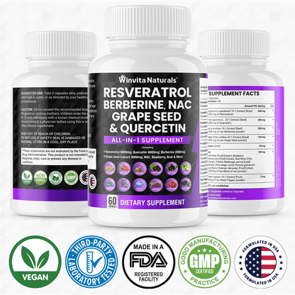 Resveratrol 6000mg Quercetin 4000mg Berberine 2000mg Grape Seed Extract 3000mg Winvita NaturalsUS supplements