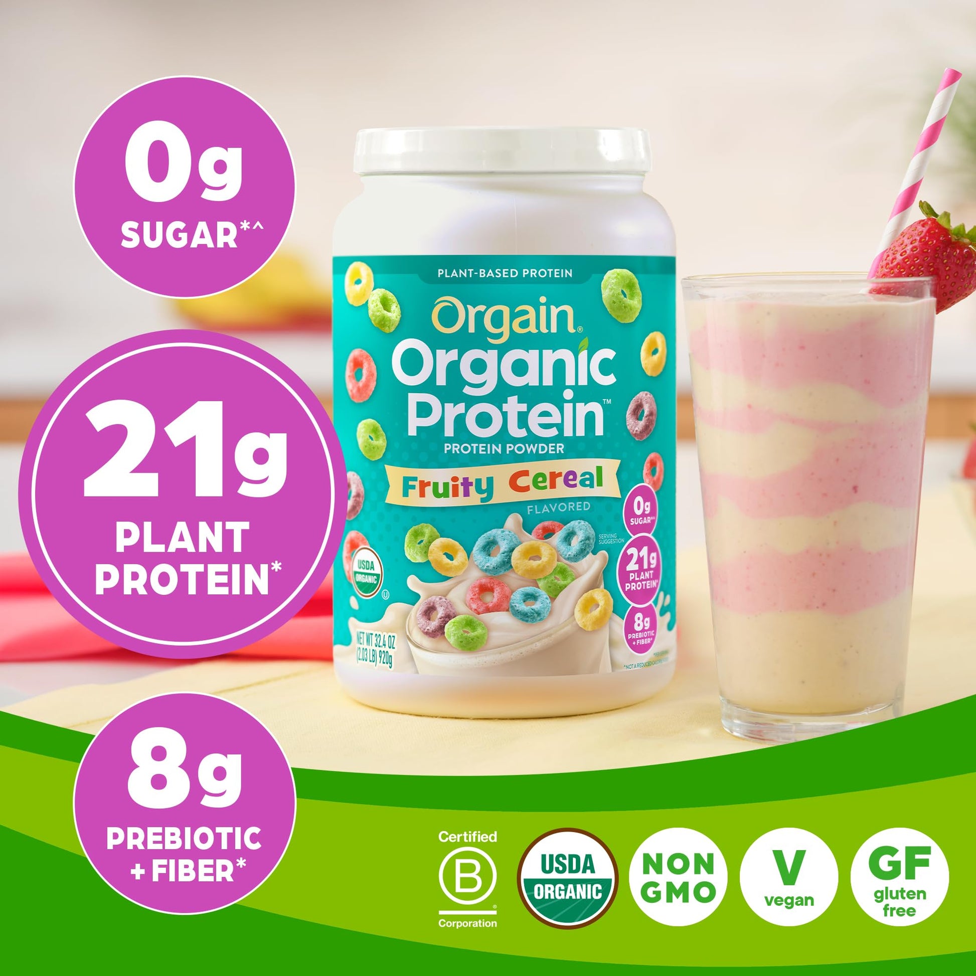 Orgain Organic Vegan Protein Powder, Fruity Cereal - 21g Plant Based Protein, Gluten Free OrgainUS supplements