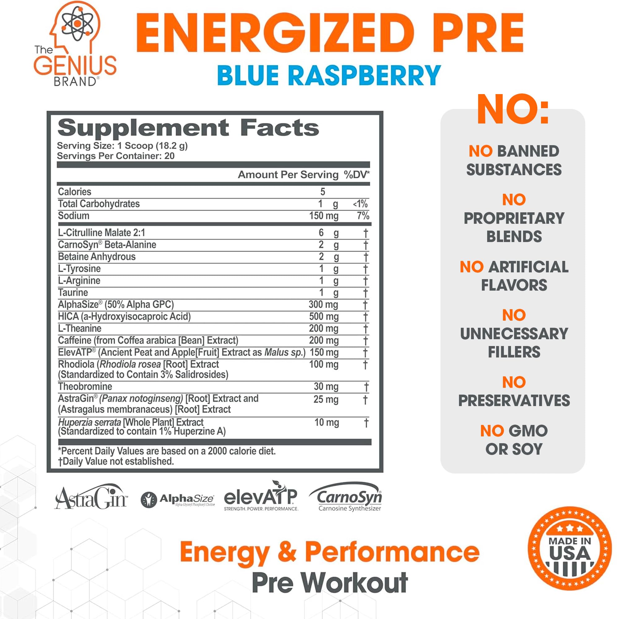Genius Energized Pre Workout Powder – Caffeine Infused Pre-Workout Booster Supplement with Beta Alanine & Alpha GPC, No Artificial Sweeteners or Dyes - 200mg Caffeine, 20 Servings, Blue Raspberry The Genius BrandUS supplements