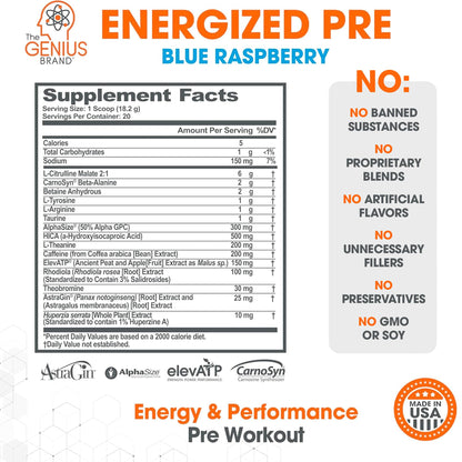 Genius Energized Pre Workout Powder – Caffeine Infused Pre-Workout Booster Supplement with Beta Alanine & Alpha GPC, No Artificial Sweeteners or Dyes - 200mg Caffeine, 20 Servings, Blue Raspberry The Genius BrandUS supplements