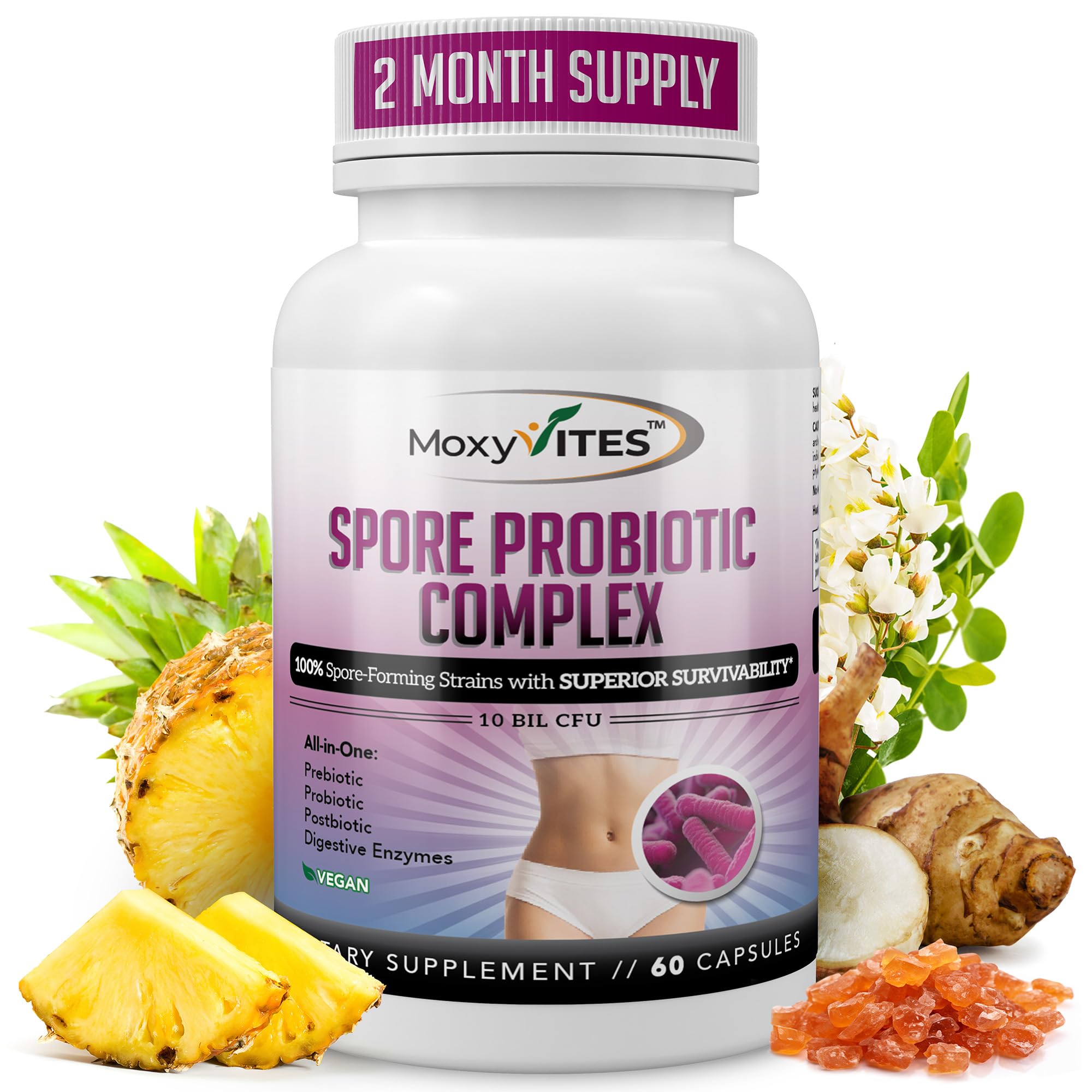 MoxyVites Spore Probiotic Complex - All In One Prebiotics and Probiotics for Digestive Health, Postbiotic, Digestive Enzymes Daily Supplement - Spore Based Probiotic for Women & Men MoxyVitesAu supplements