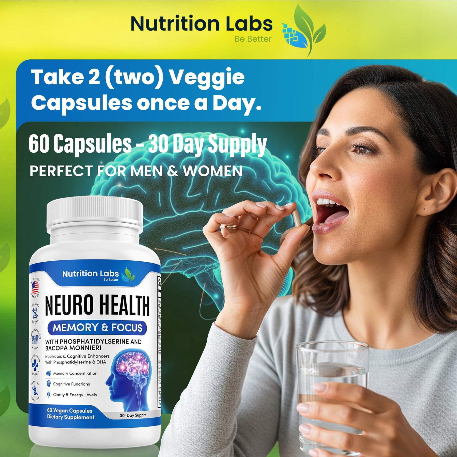 Nootropic & Neuro Brain Supplement for Memory & Focus Support. Clinically Tested Vitamins for Mental Support & Cognitive Clarity W/Bacopa Monnieri, VIT A, B6, Riboflavin, Niacin, Thiamin & Folate NUTRITION LABS BE BETTERAu supplements