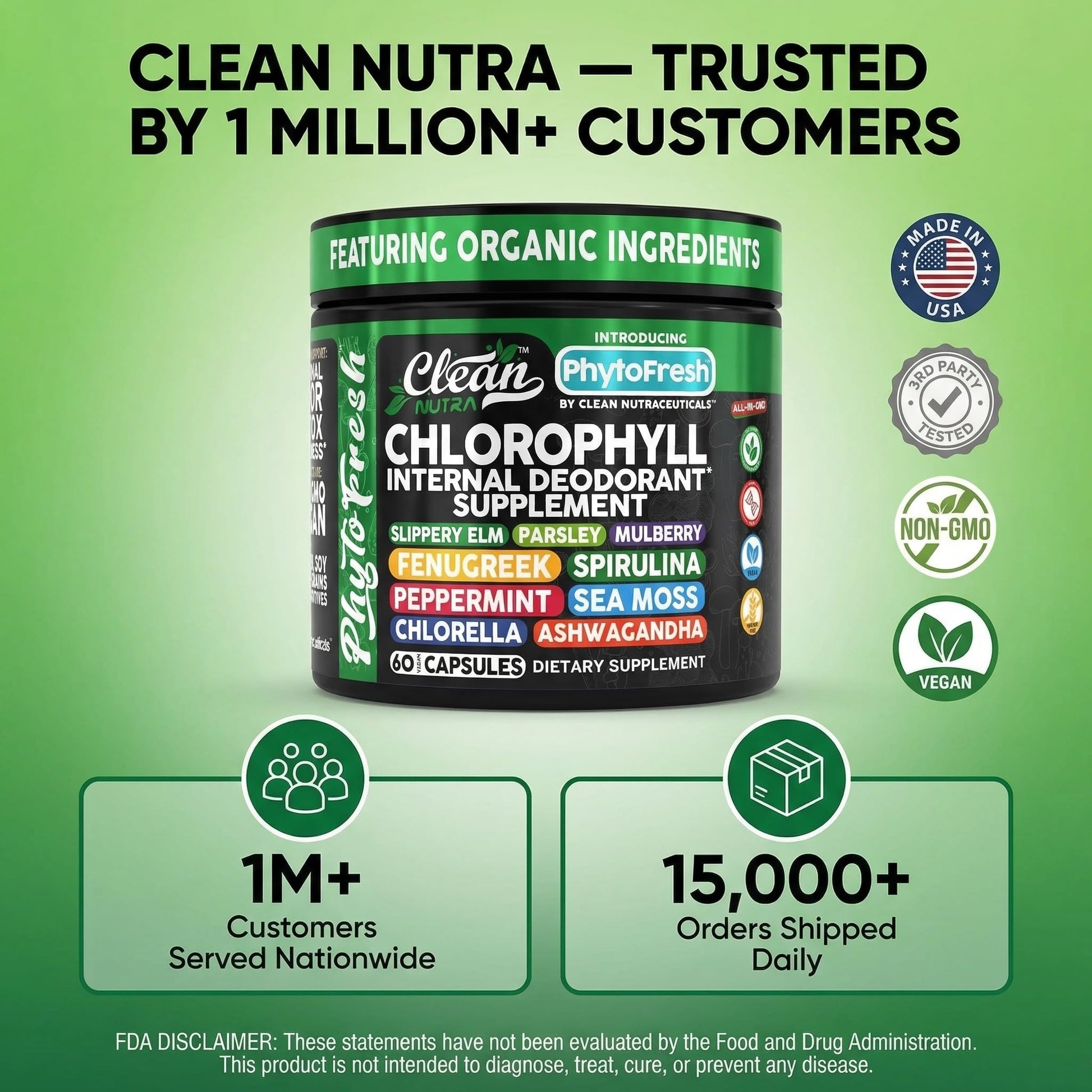 Clean Nutra Chlorophyll Capsules Supplement Internal Deodorant Peppermint, Sea Moss, Parsley, Chlorella, Spirulina, Slippery Elm, Ashwagandha, PhytoFresh Greens Detox Pills Clean NutraceuticalsAu supplements