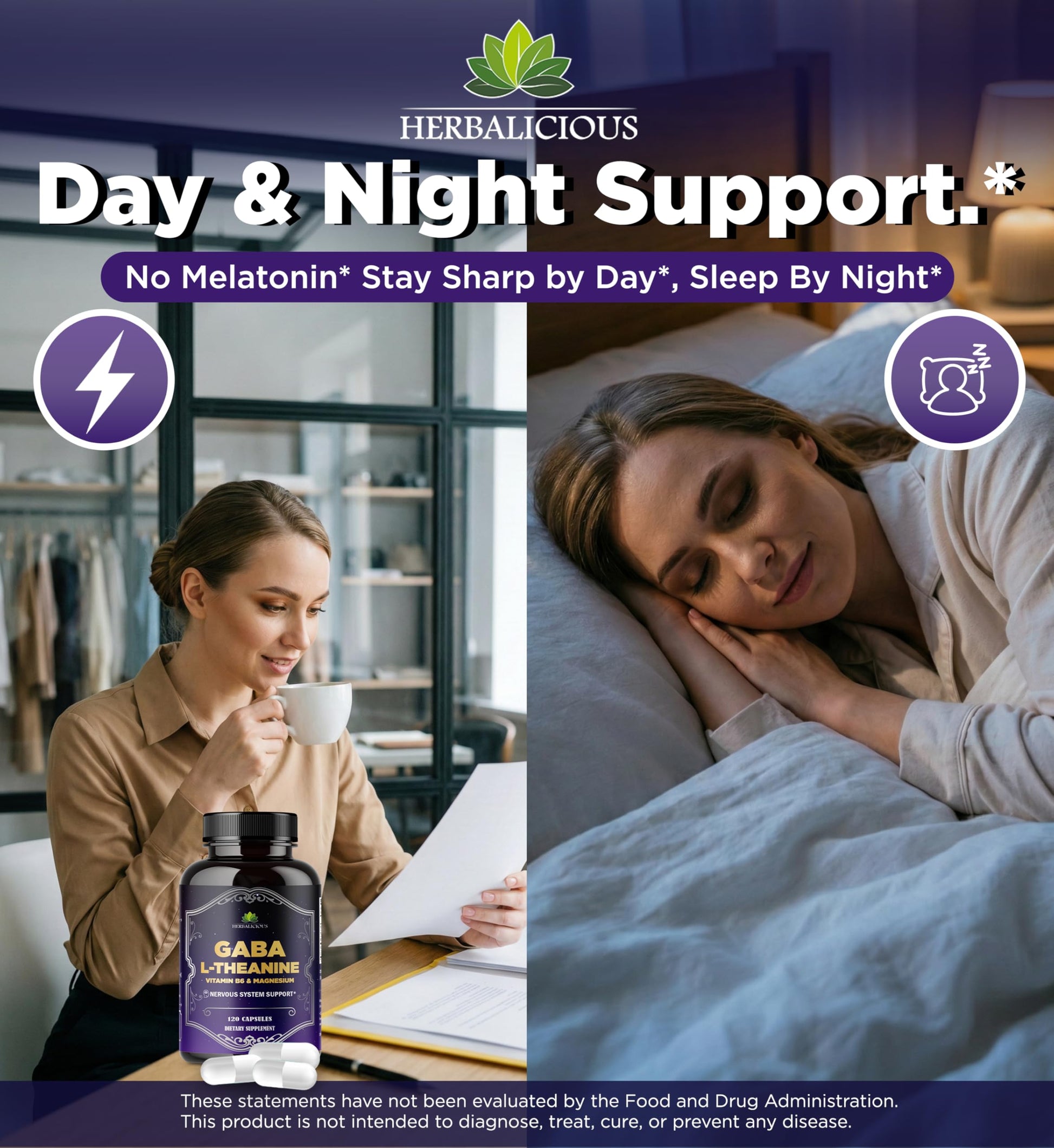 HERBALICIOUS GABA L-Theanine with Magnesium – Calm & Focus Support, Stress Relief, Relaxation + Mood Balance, Brain & Memory Support Supplement – Vitamin B6 + B12 Complex – 120 Capsules HERBALICIOUSAu supplements