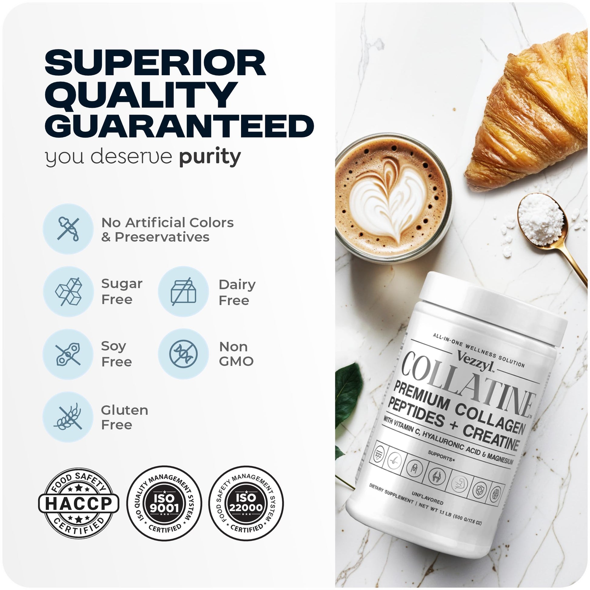 Vezzyl - Collatine - Premium Collagen Peptides + Creatine with Vitamin C, Hyaluronic Acid and Magnesium for Skin, Hair, Nails, Bone & Joint, Muscle, Immune and Cognitive Aid (.55 LB (250 G/8.8 OZ) VezzylAu supplements