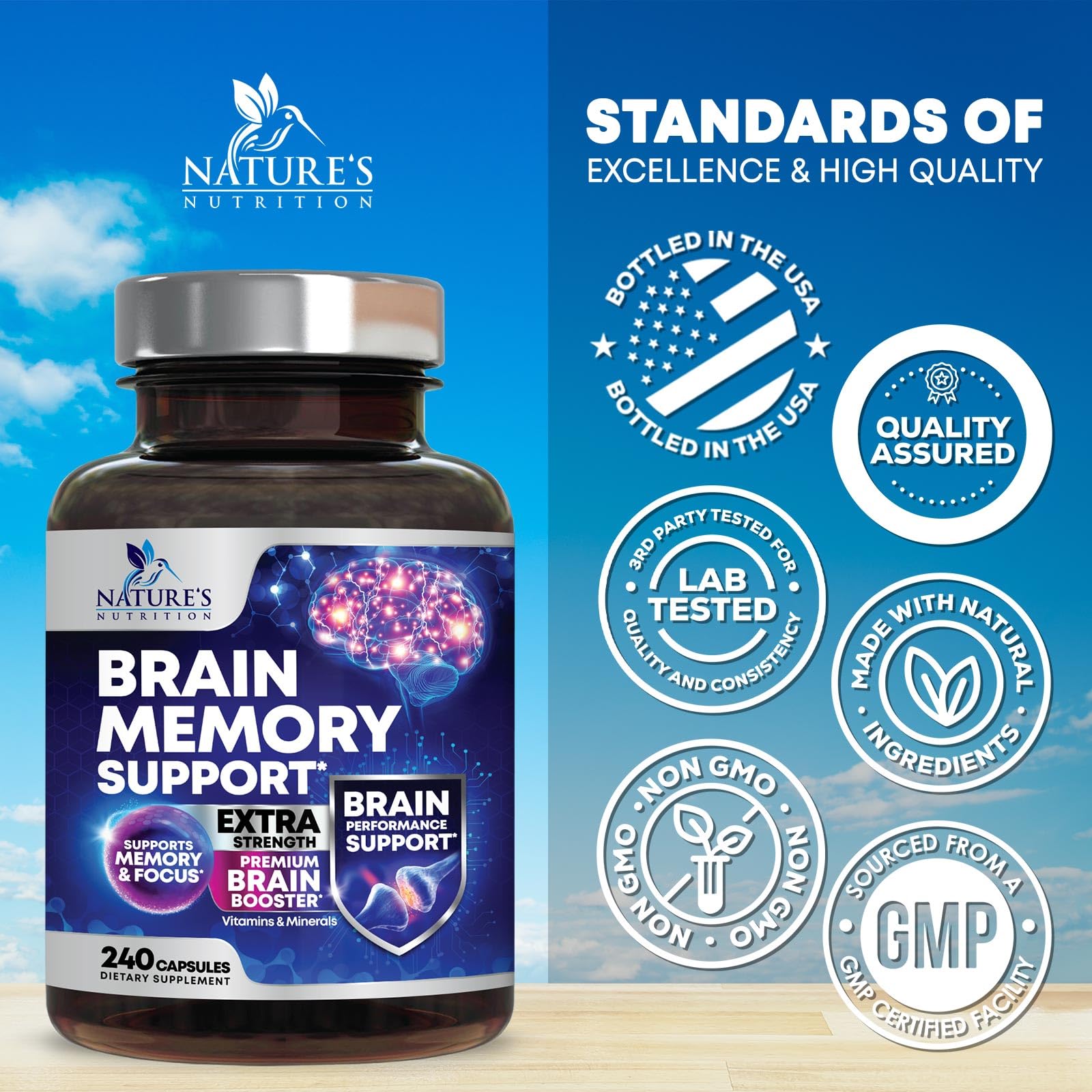 Brain Memory Supplement Pills - 3X Strength Nootropics for Concentration, Clarity & Focus Support - Brain Health Cognitive Vitamins with Bacopa, Phosphatidylserine & DMAE, Brain Booster - 240 Capsules Nature's NutritionAu supplements