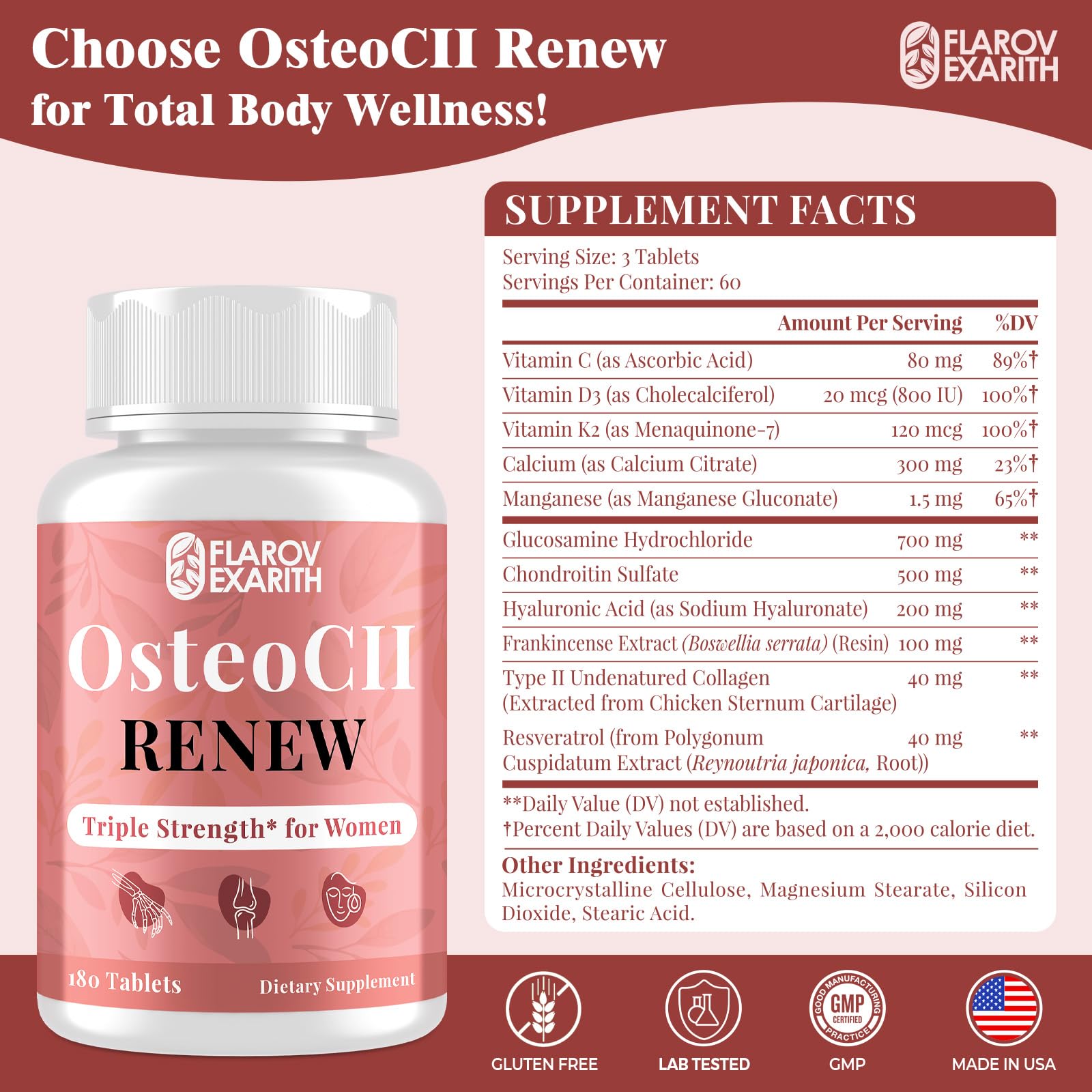Joint Supplements for Women OsteoCII Renew Triple Strength – Advanced Joint, Bone & Skin Formula – Collagen, Glucosamine, Chondroitin, Calcium, MK-7, Vitamin D3, Hyaluronic Acid, 180 Tablets FlarovexarithAu supplements