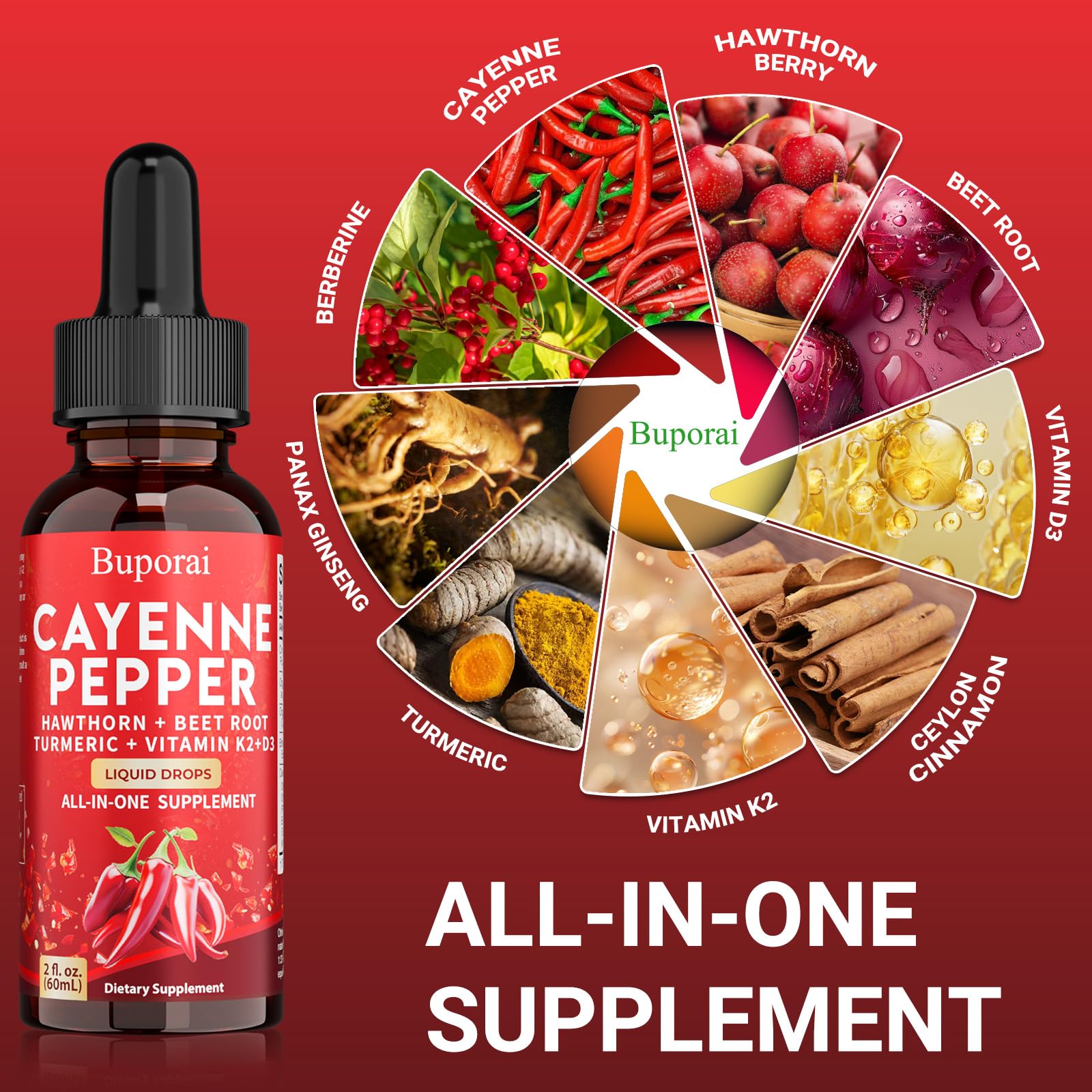 Buporai Cayenne Pepper Drops, Cayenne Pepper Extract Liquid Supplement for Overall Well-Being, 2 fl oz, Vitamin D3 K2 Beet Root Powder BuporaiAu supplements