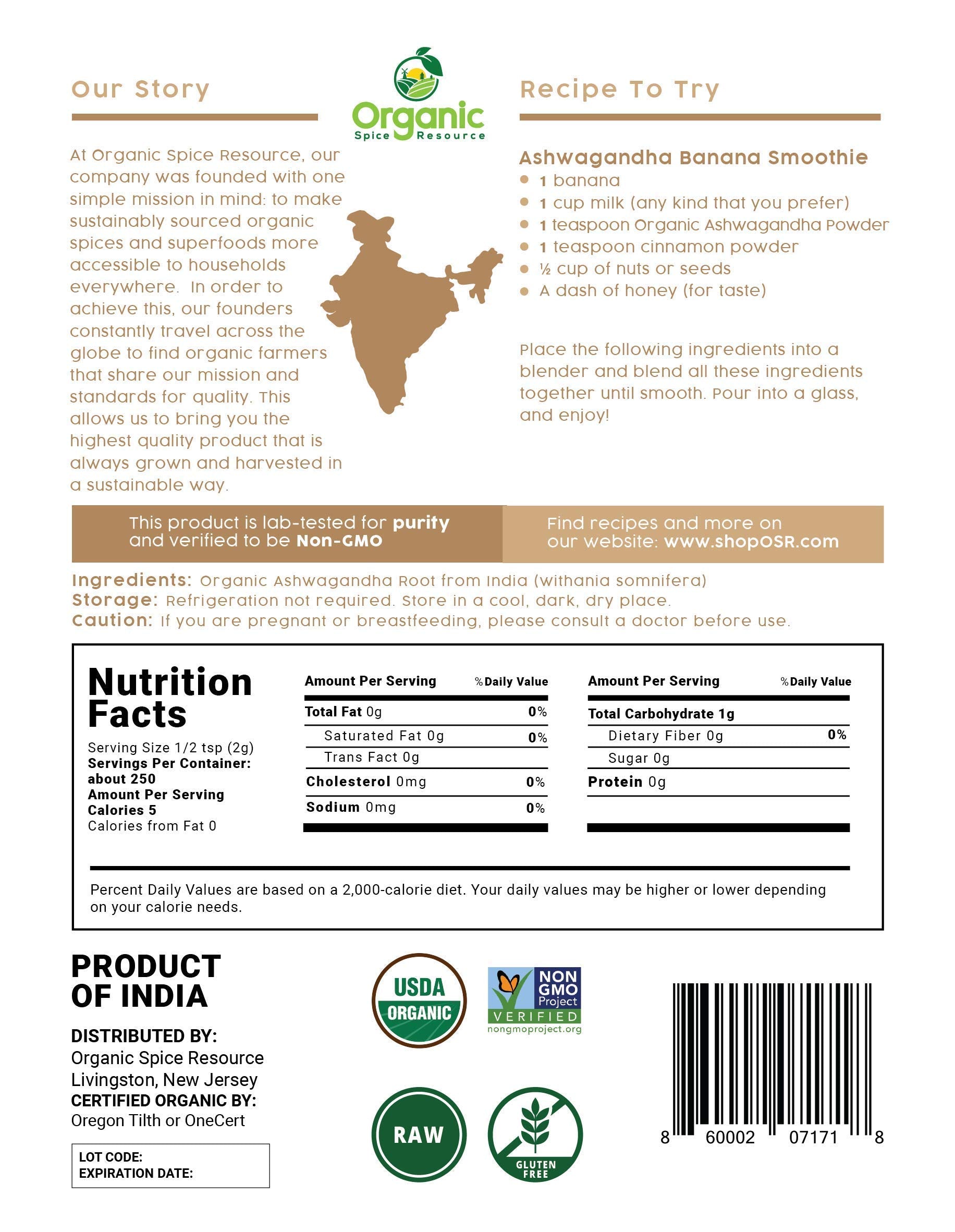 Organic Ashwagandha Root Powder - 1.10 lbs (17.64 oz) | Resealable Kraft Bag,Non-GMO, Indian Ginseng, Withania Somnifera -100% Raw from India, by SHOPOSR Organic Spice ResourceAu supplements