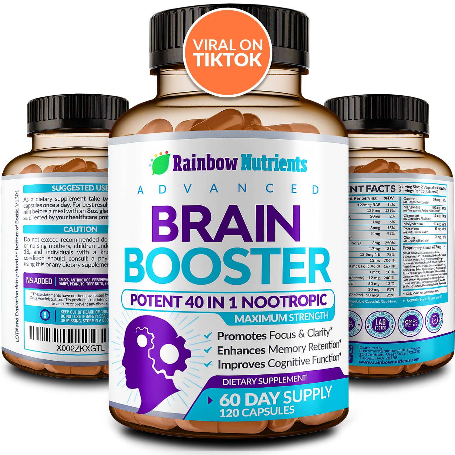 40-in-1 Brain Booster Supplements for Memory, Focus, Clarity, Energy, Performance Rainbow Nutrients, LLCUS supplements