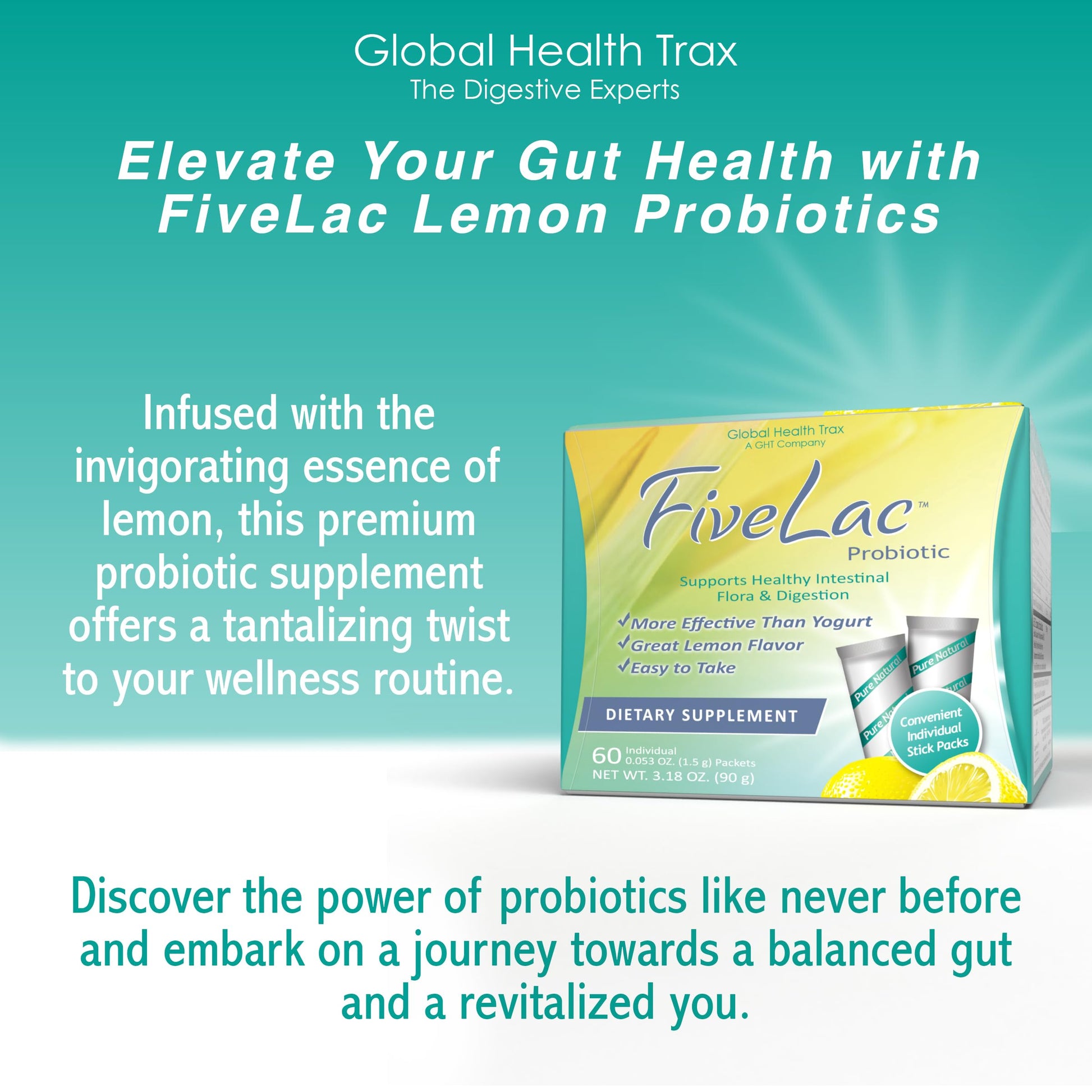 Global Health Trax GHT - FiveLac Lemon Probiotic Powder Drink Mix, Probiotics for Women, Men & Kids - Smooth Digestive Support & Elimination - Relieves Constipation & Gas - 60 Packets (2 Pack) Non-GMO ght Global Health TraxAu supplements