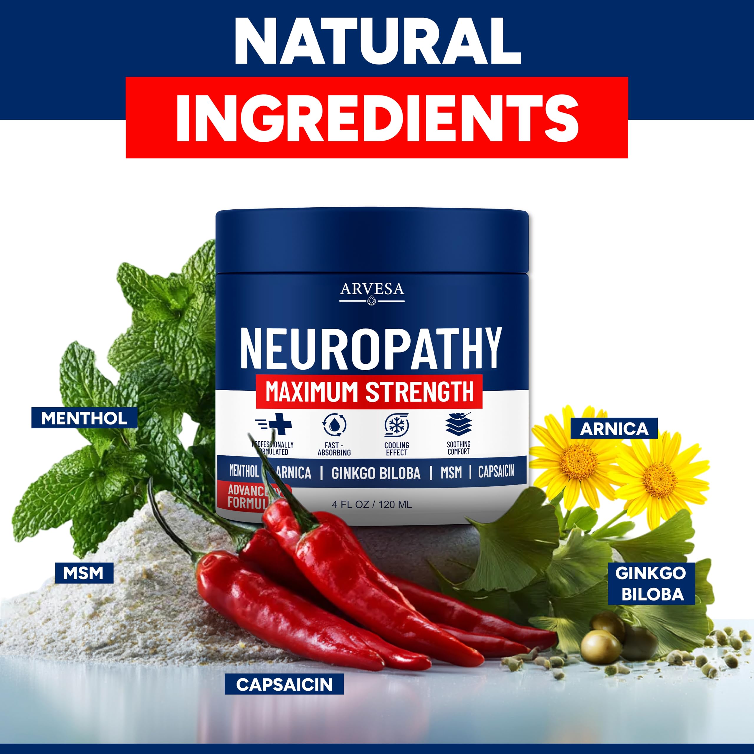 Neuropathy Cream - Maximum Strength - Arnica, MSM, Hemp Seed Oil, Ginkgo Biloba, Capsaicin - Non-Greasy with Cooling Effect - Value Pack - Natural Ingredients - Formulated in USA ArvesaAu supplements