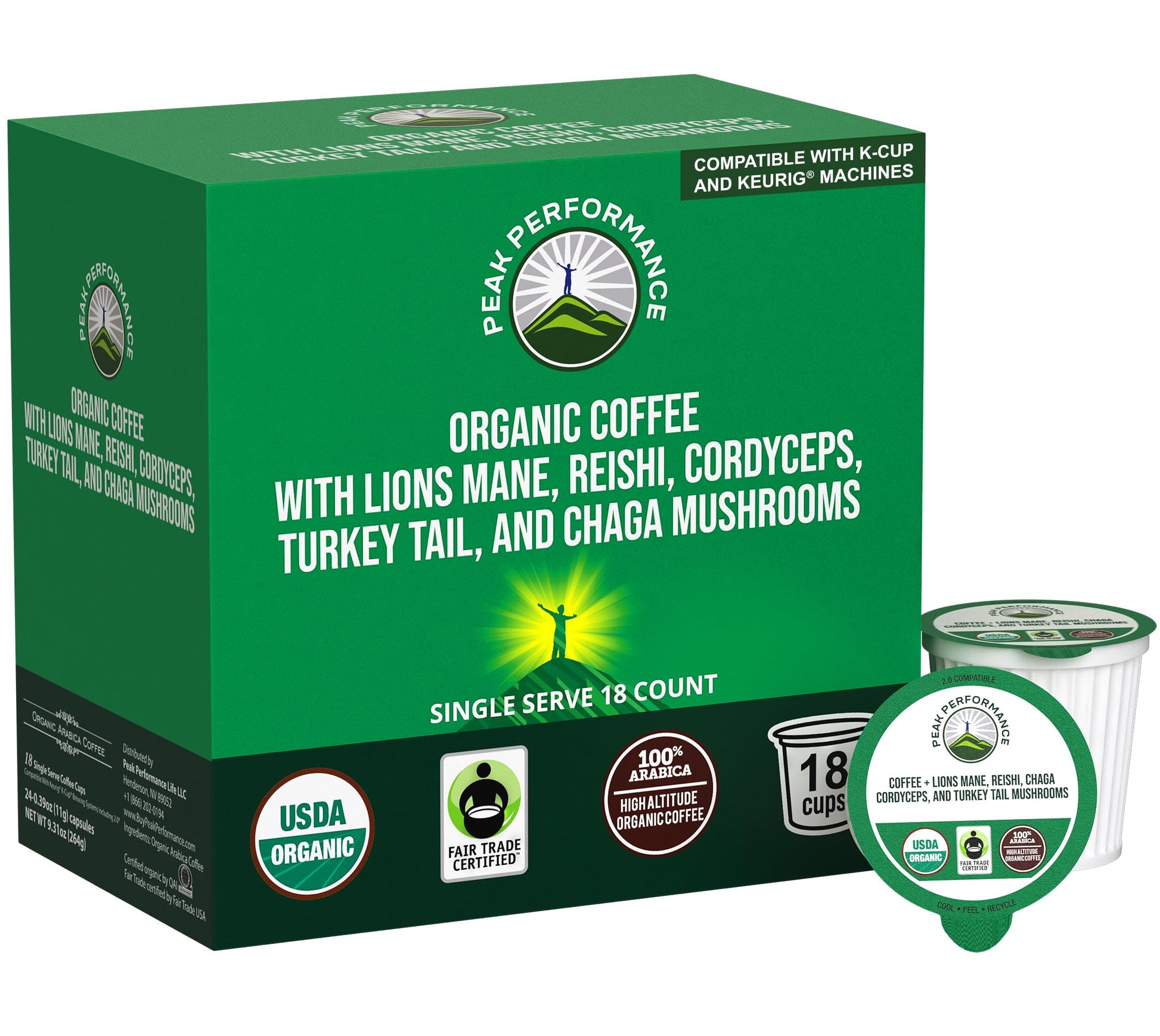 Organic Mushroom Coffee Pods with Lion's Mane, Reishi, Cordyceps, Turkey Tail, and Chaga Mushrooms. High Altitude, Low Acid, Smooth Tasting, Fair Trade, Instant Nootropic Coffee (Medium Roast Ground) Peak PerformanceAu supplements