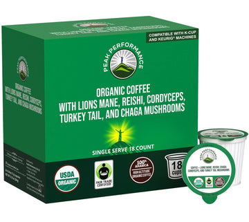 Organic Mushroom Coffee Pods with Lion's Mane, Reishi, Cordyceps, Turkey Tail, and Chaga Mushrooms. High Altitude, Low Acid, Smooth Tasting, Fair Trade, Instant Nootropic Coffee (Medium Roast Ground) Peak PerformanceAu supplements
