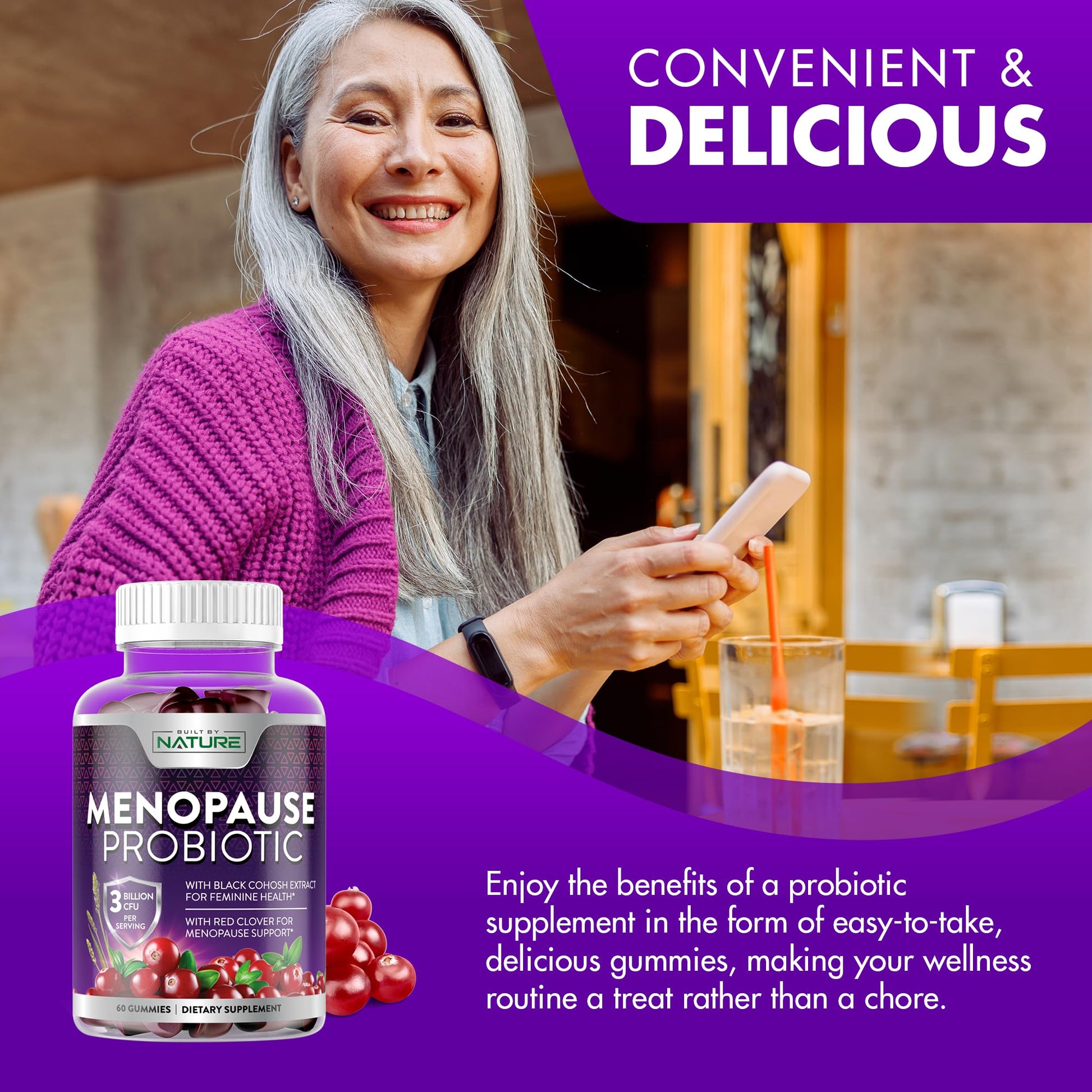 Menopause Supplements for Women - Menopause Probiotic Gummy - Women’s Menopause Relief for Hot Flashes, Night Sweats & Mood Swings with Black Cohosh & Cranberry - Non-GMO, Vegan - 60 Gummies Built by NatureAu supplements