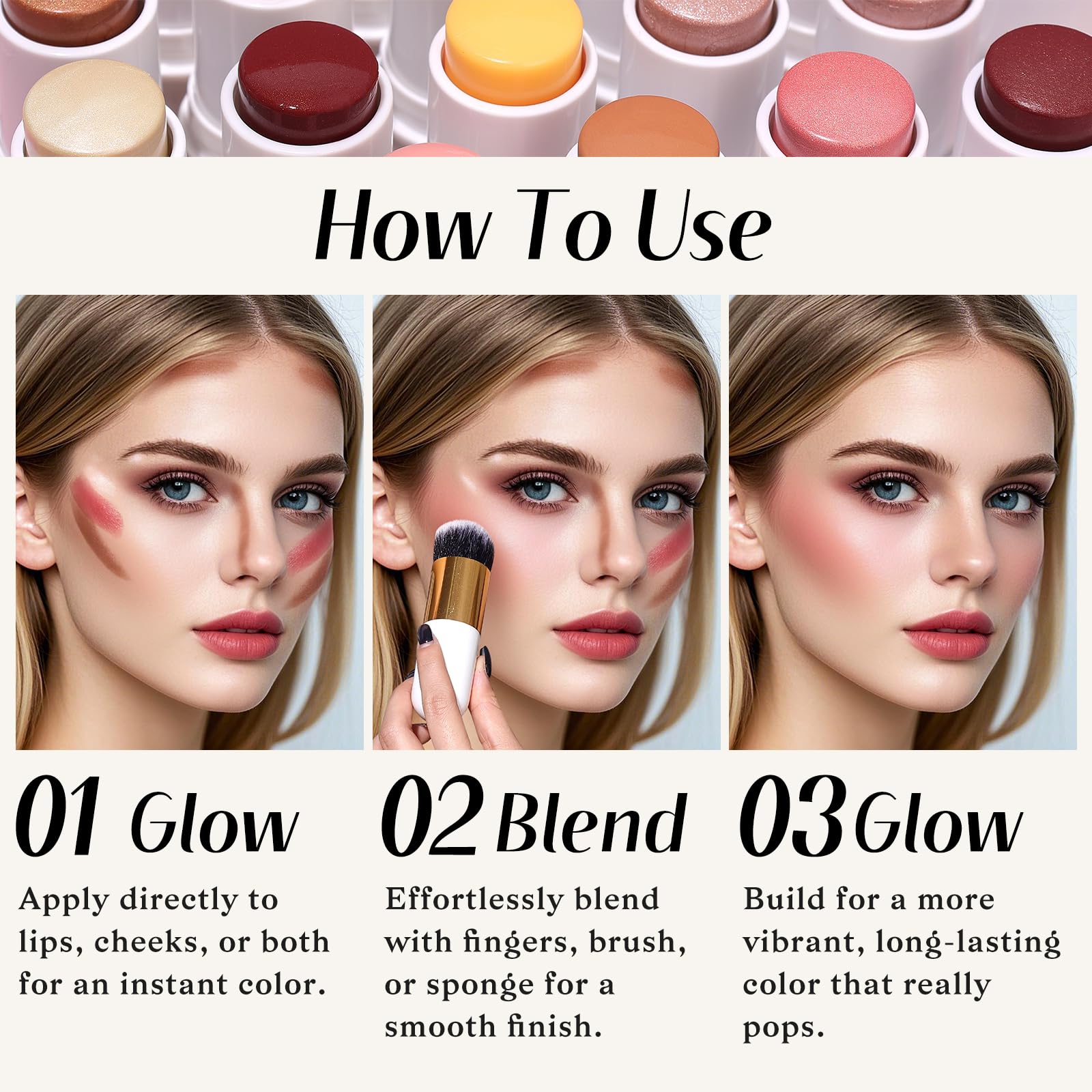KIMUSE Face Sticks Trio, Cream Blush Stick & Highlighter Stick & Contour Stick for Sculpt the Cheeks, Long Lasting Cream Contour Stick Trio for Face Makeup, with Brush KIMUSEAu supplements