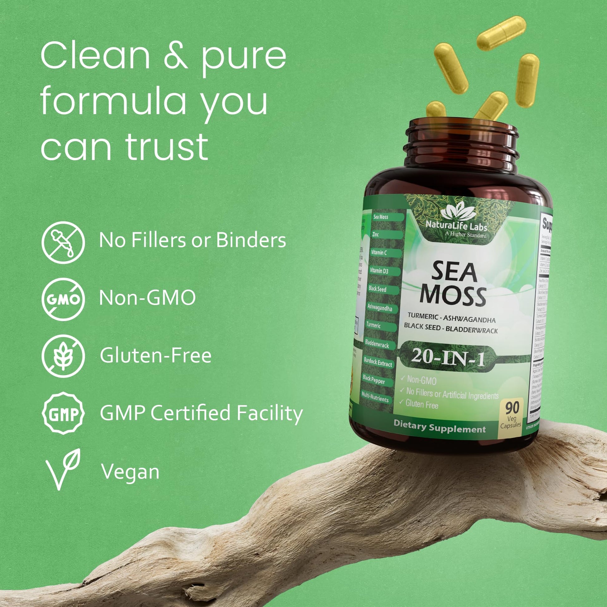 Sea Moss, Black Seed Oil, Bladderwrack, Turmeric, Ashwagandha, Burdock, Vitamin C, D3, Yellow Dock Root, Manuka, Dandelion - 90 Veggie caps NaturaLife LabsAu supplements