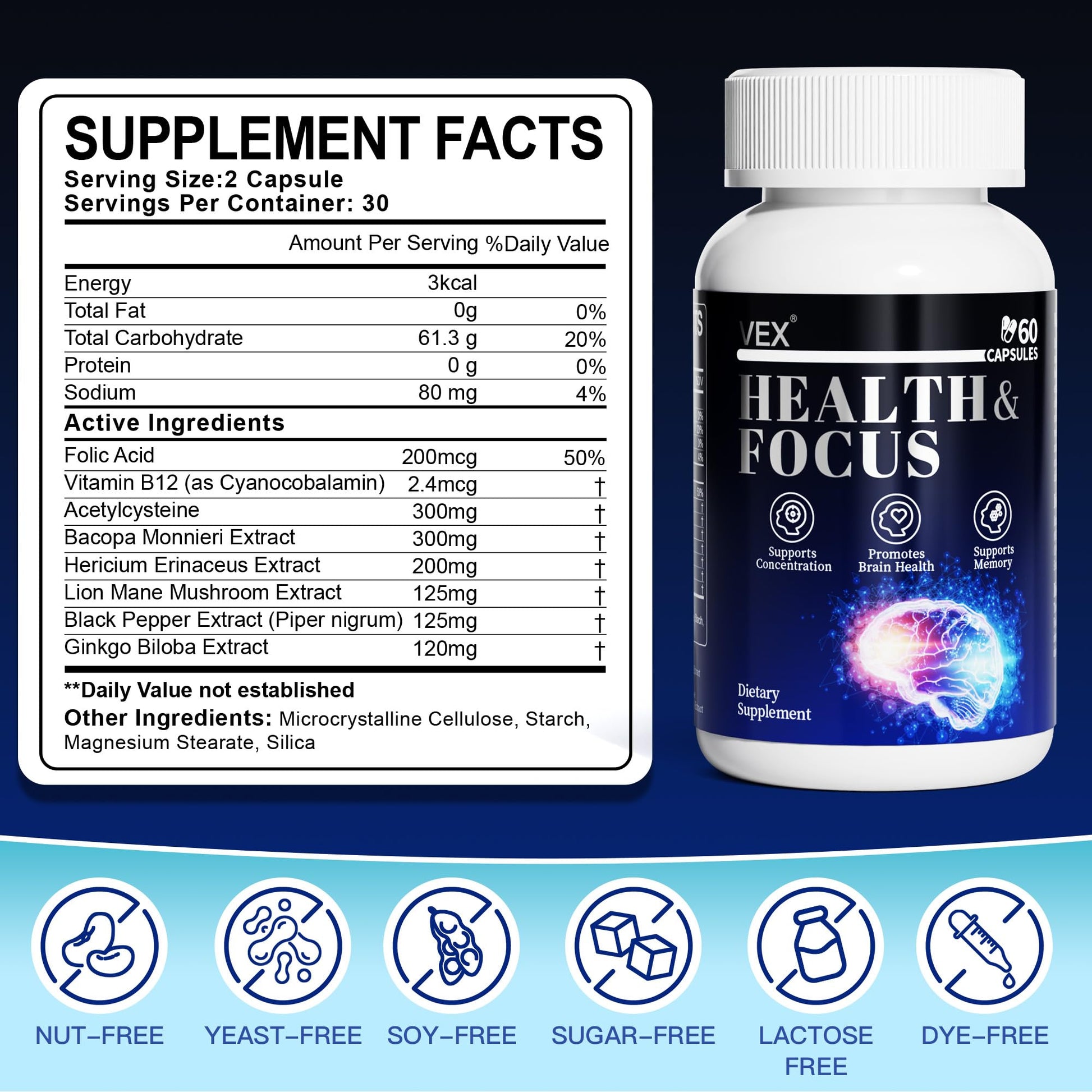 VEX Supplement – Memory & Clarity Support with Folic Acid, Vitamin B, Acetylcysteine, Bacopa Monnieri, Lion’s Mane, Ginkgo Biloba & Black Pepper – Cognitive, 60 Capsules VEXAu supplements