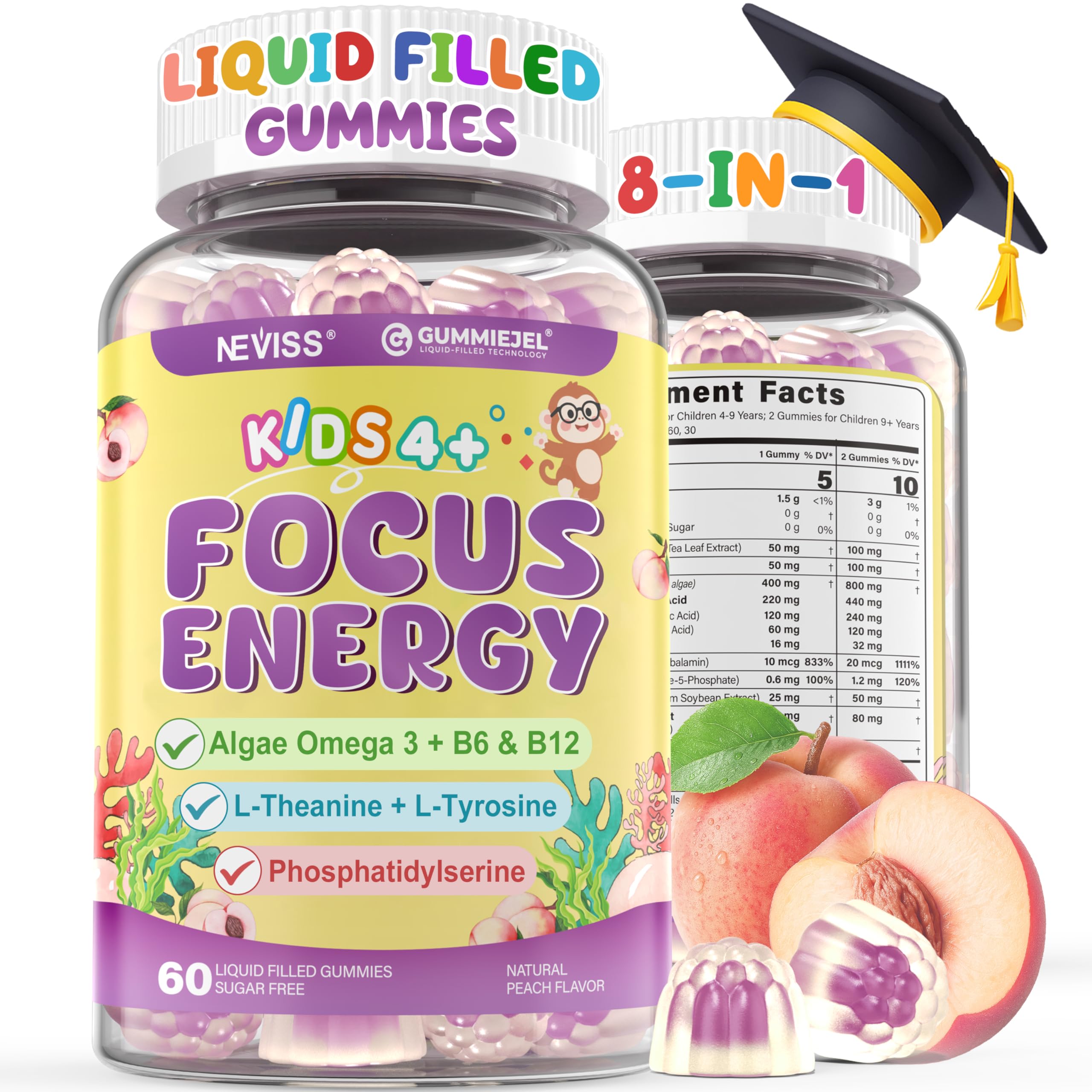Kids Focus Gummies - Brain Supplements with Vegan Omega 3 DHA, Phosphatidylserine, L-Theanine, L-Tyrosine, Methylated B6 & B12 for Kids & Teen Support Attention, Memory, Nootropic, Sugar Free 60cts NEVISSAu supplements