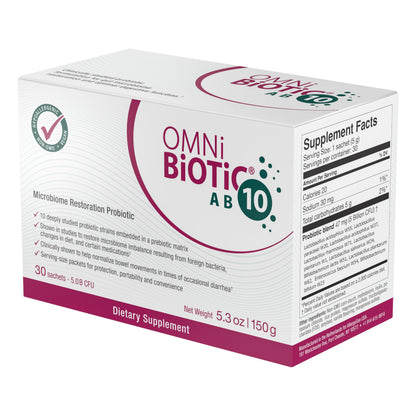 OMNi BiOTiC AB 10 - Clinically Tested Restorative Probiotic - Supports & Restores Gut Flora & Digestion - Digestive Probiotic for Diarrhea - Vegan, Hypoallergenic, Non-GMO (30 Daily Packets) OMNi BiOTiCUS supplements