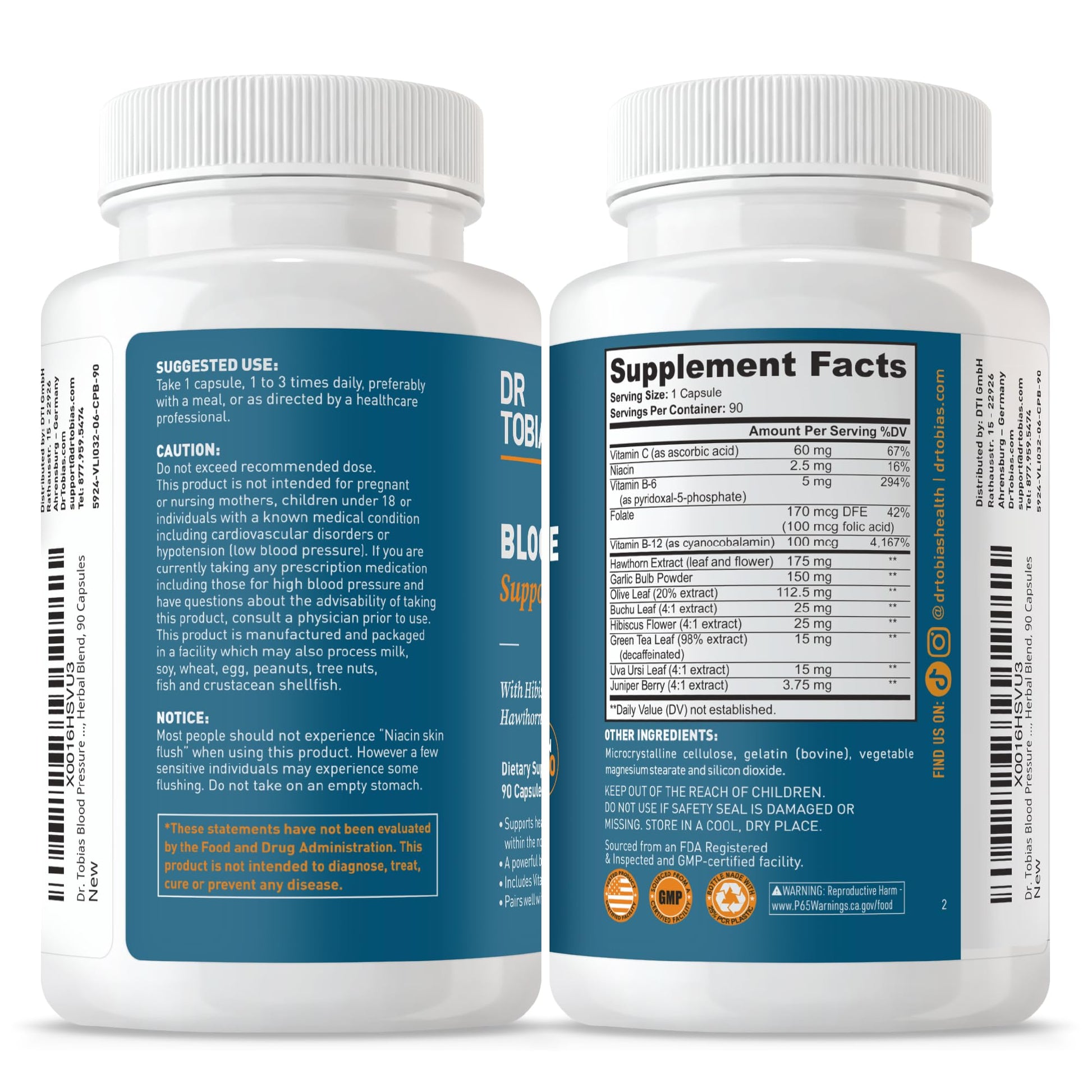 Dr. Tobias Blood Pressure Support Supplement with Hawthorn, Hibiscus Flower, Olive Leaf & Garlic, Supports Normal Circulatory Health with Vitamins C, B6, B12, Niacin, Folate & Herbs, 90 Capsules Dr. TobiasAu supplements