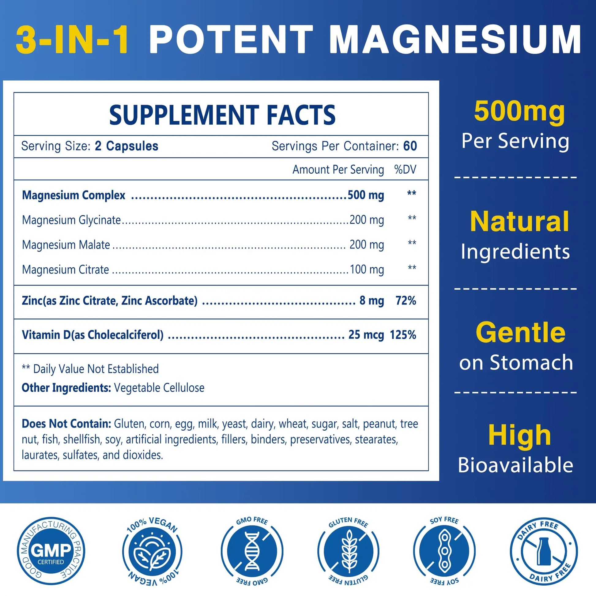 Magnesium Complex 500mg, Magnesium Glycinate, Malate & Citrate - High Absorption Chelated Triple Magnesium Supplement with Zinc, Vitamin D3 for Muscle, Nerve, Bone & Immune Support, Vegan 120 Capsules NATURE TARGETnz supplements