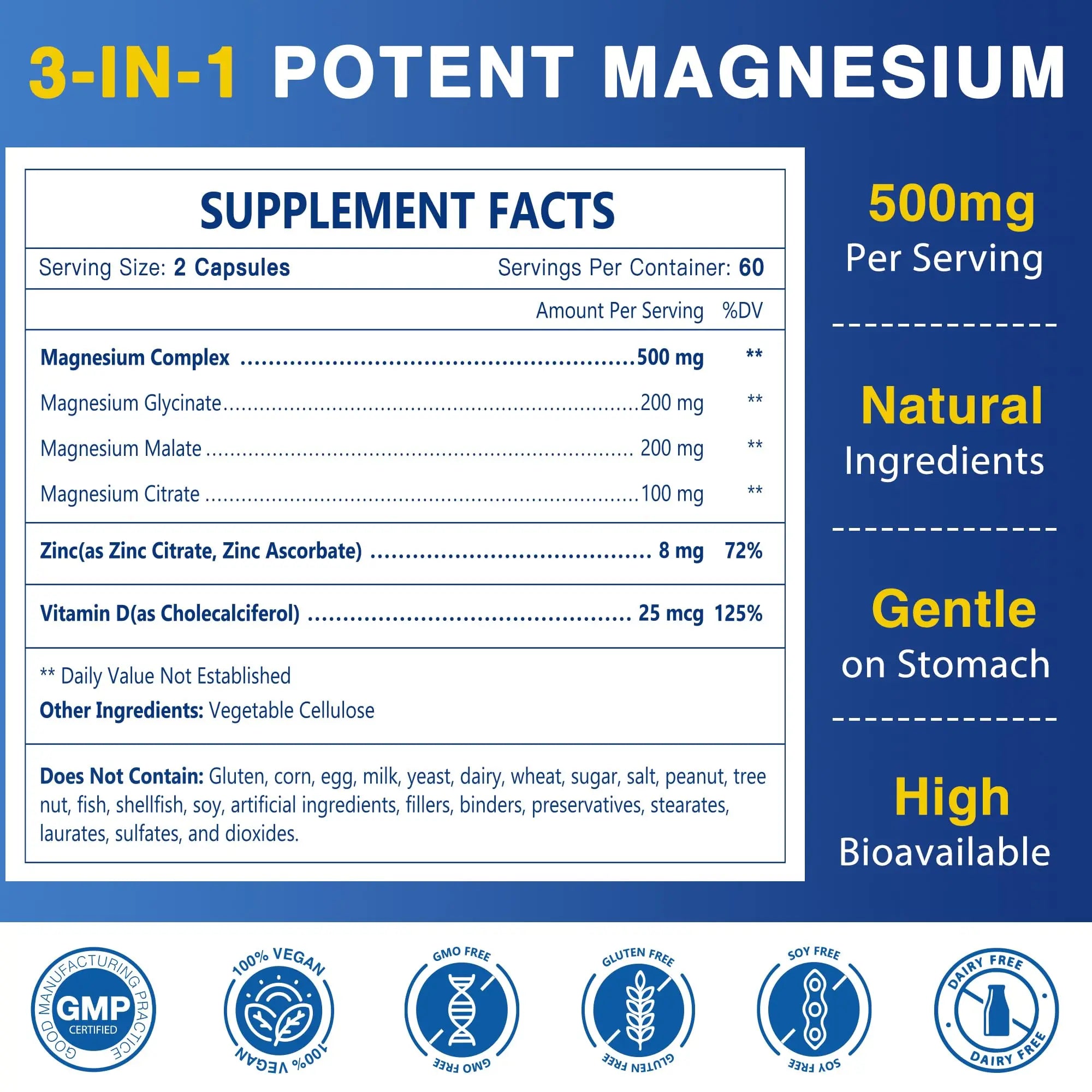 Magnesium Complex 500mg, Magnesium Glycinate, Malate & Citrate - High Absorption Chelated Triple Magnesium Supplement with Zinc, Vitamin D3 for Muscle, Nerve, Bone & Immune Support, Vegan 120 Capsules NATURE TARGETnz supplements