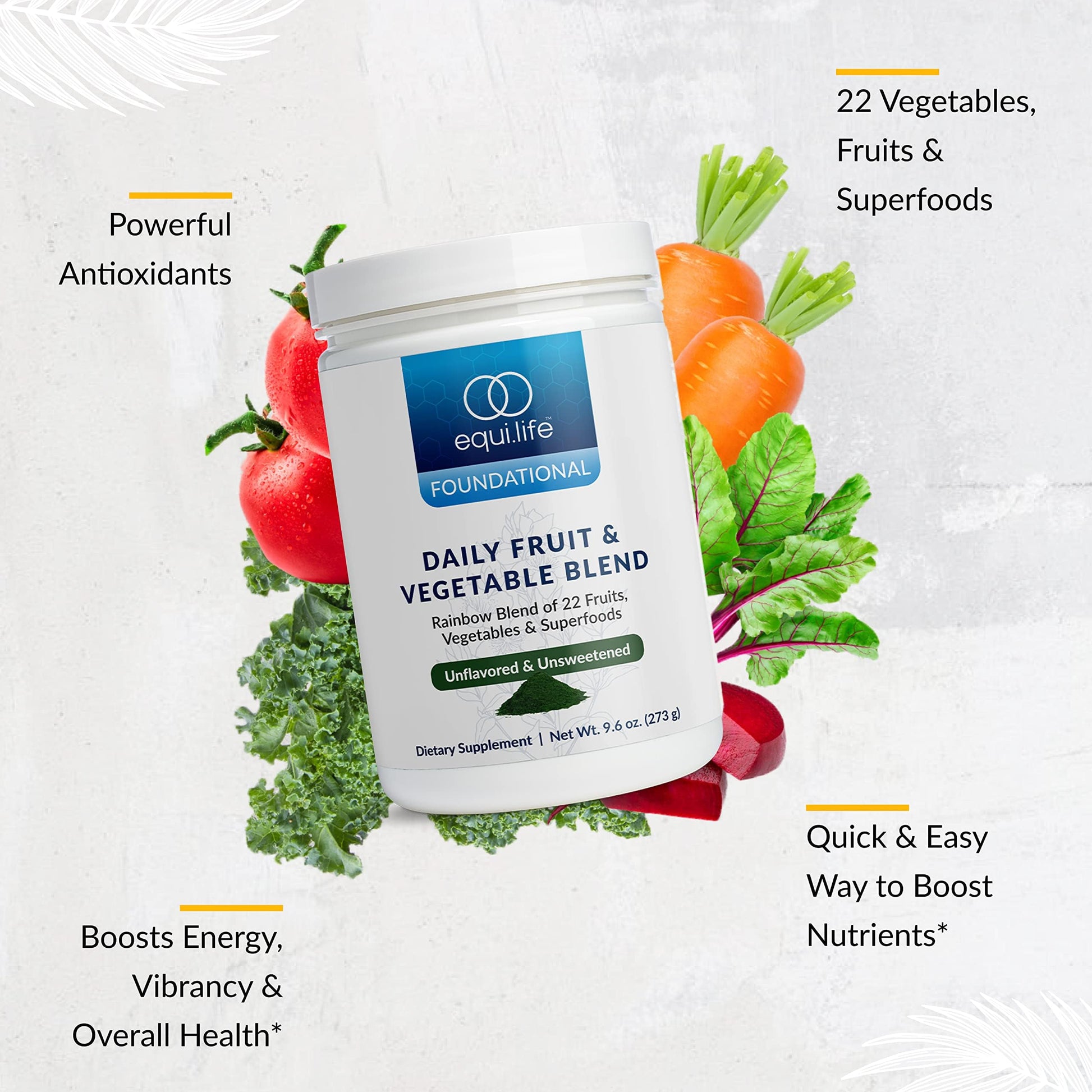 Equilife Daily Fruit & Vegetable Blend, Superfood Antioxidant Supplement with 22 Organic Fruits & Vegetables, Unflavored, Vitamin C, Fiber, 9 Essential Amino Acids, Supports Energy, 30 Servings Tub EquilifeAu supplements