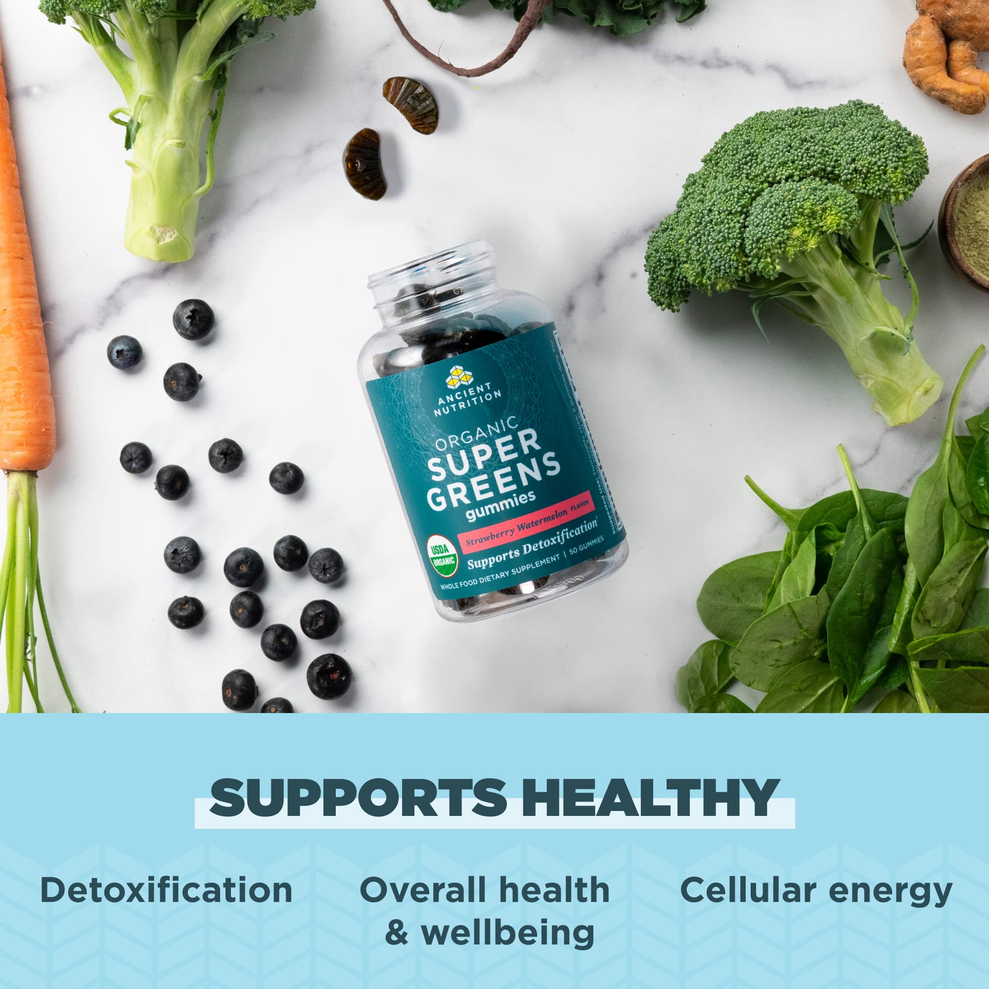 Ancient Nutrition Supergreens Gummy, Organic Superfood Gummy Made from Real Fruits, Vegetables and Herbs, for Digestive and Energy Support, 100 Count, Strawberry Watermelon Ancient NutritionAu supplements