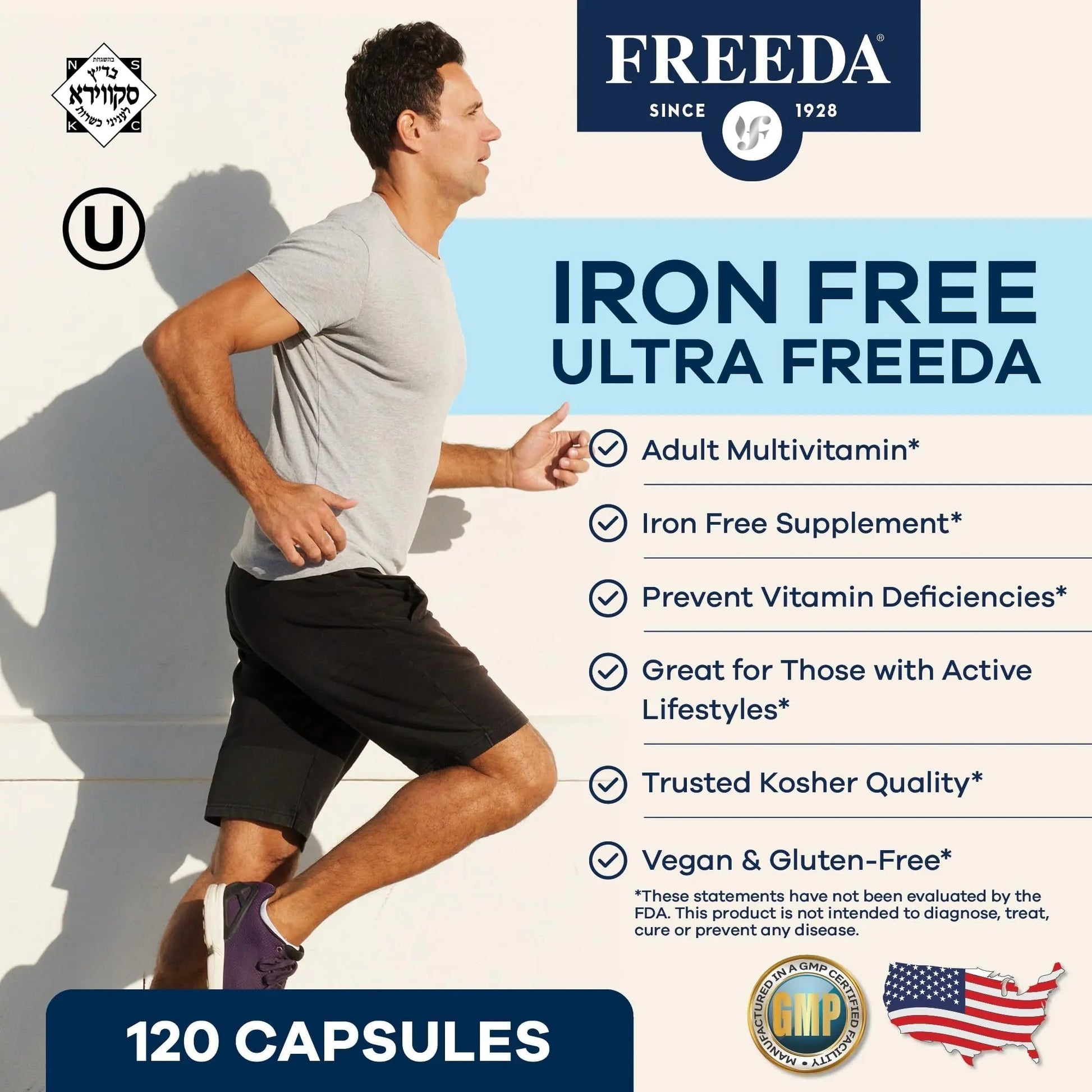 FREEDA Ultra Multivitamin Capsules – High-Potency Daily Supplement for Men & Women – Iron-Free – 120 Count – Kosher Certified FREEDAAu supplements