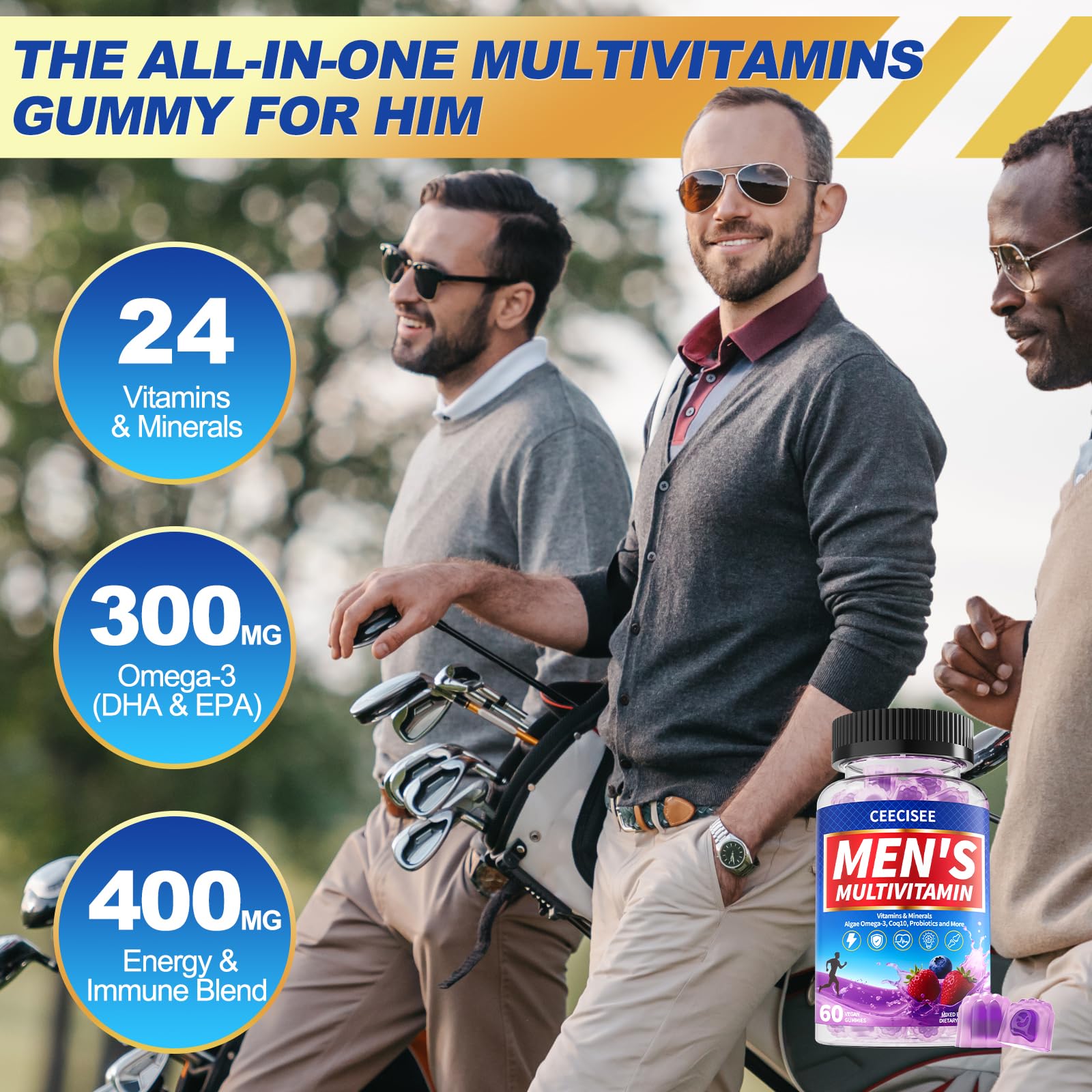 Ceecisee Men’s Methylated Multivitamin Gummies: Chewable Multivitamins Mens Gummy with Omega Probiotic Magnesium Zinc Vitamins B12 D3 - No Iron Daily Supplement Support Energy Immune for Men(120Count) CeeciseeAu supplements