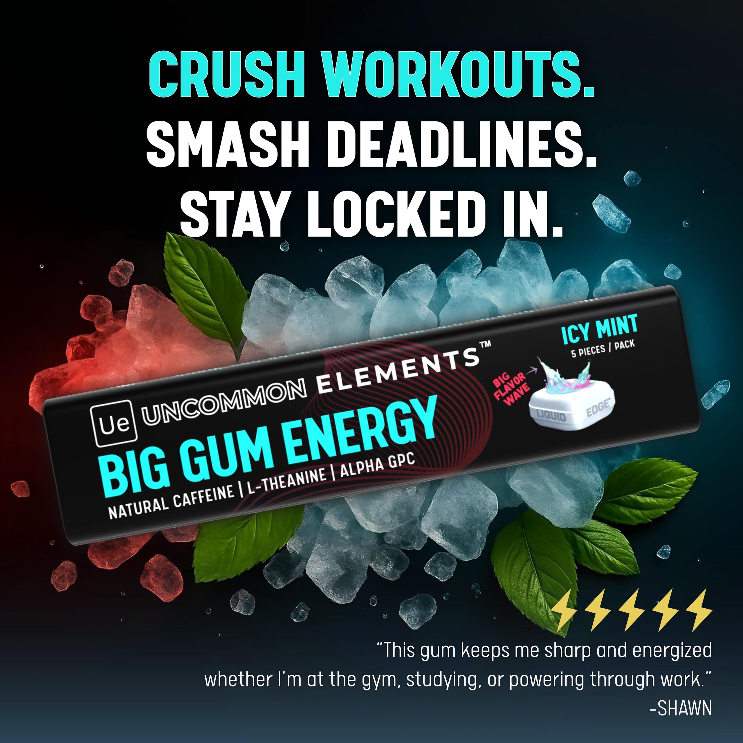 BIG GUM ENERGY & FOCUS – 80mg Caffeine + 40mg L-Theanine + 80mg Alpha GPC – Nootropic Chewing Gum for Focus, Energy & Execution – Icy Mint – 25 Pieces (5 Packs) Gym & Work Execution. UNCOMMON ELEMENTSAu supplements