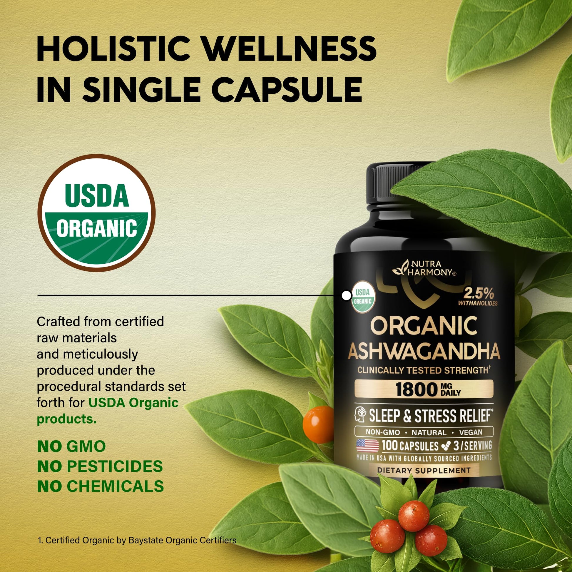 Ashwagandha Supplements 1800mg - USDA Organic Ashwagandha for Women & Men - Clinically Effective Strength for Stress Relief & Sleep - Powder & Root Extract 2.5% Withanolides - Made in USA 100 Capsules NUTRAHARMONYAu supplements