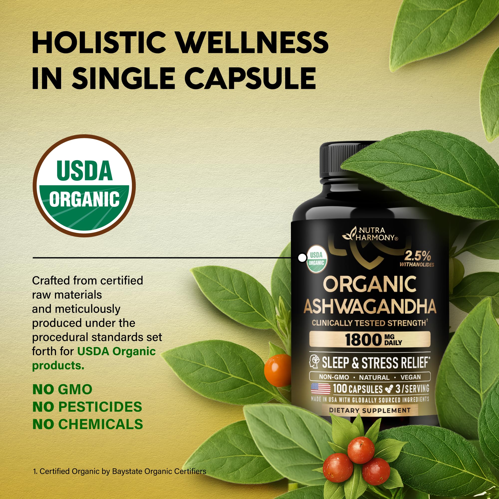 Ashwagandha Supplements 1800mg - USDA Organic Ashwagandha for Women & Men - Clinically Effective Strength for Stress Relief & Sleep - Powder & Root Extract 2.5% Withanolides - Made in USA 100 Capsules NUTRAHARMONYAu supplements