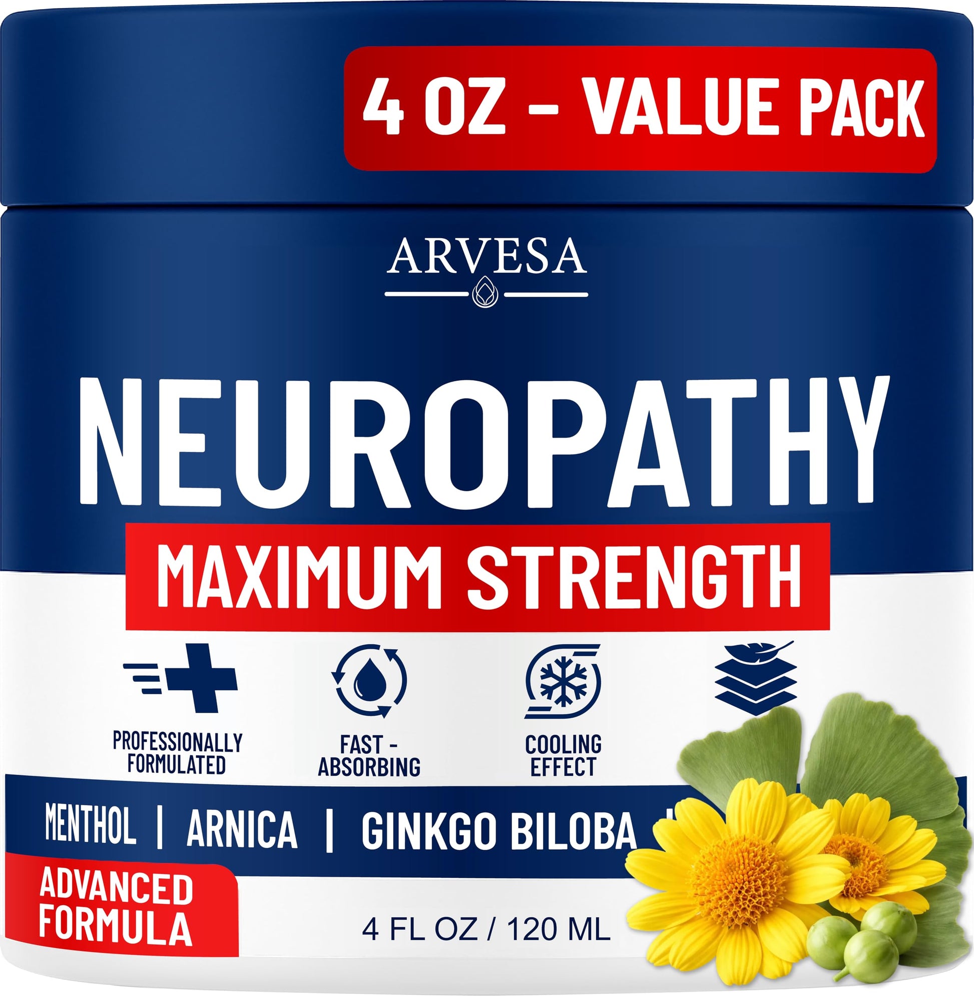 Neuropathy Cream - Maximum Strength - Arnica, MSM, Hemp Seed Oil, Ginkgo Biloba, Capsaicin - Non-Greasy with Cooling Effect - Value Pack - Natural Ingredients - Formulated in USA ArvesaAu supplements