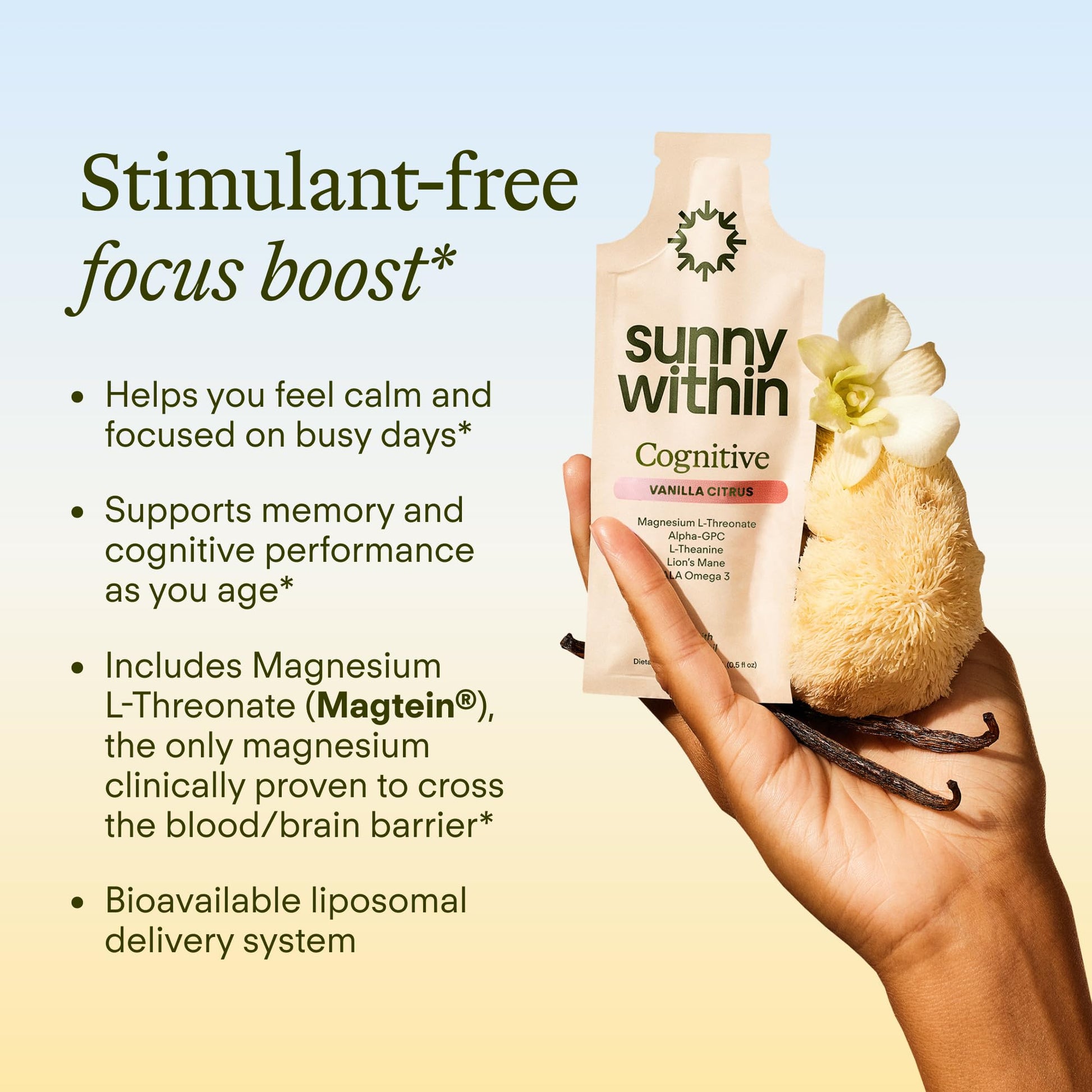 Sunny Within - Brain Health Supplement - Magnesium L-Threonate from Magtein®, Lion’s Mane, Alpha GPC, L-Theanine, ALA & Avocado Oil - Focus, Mood & Memory Support* - 30 Daily Vegan Pouches Sunny WithinAu supplements