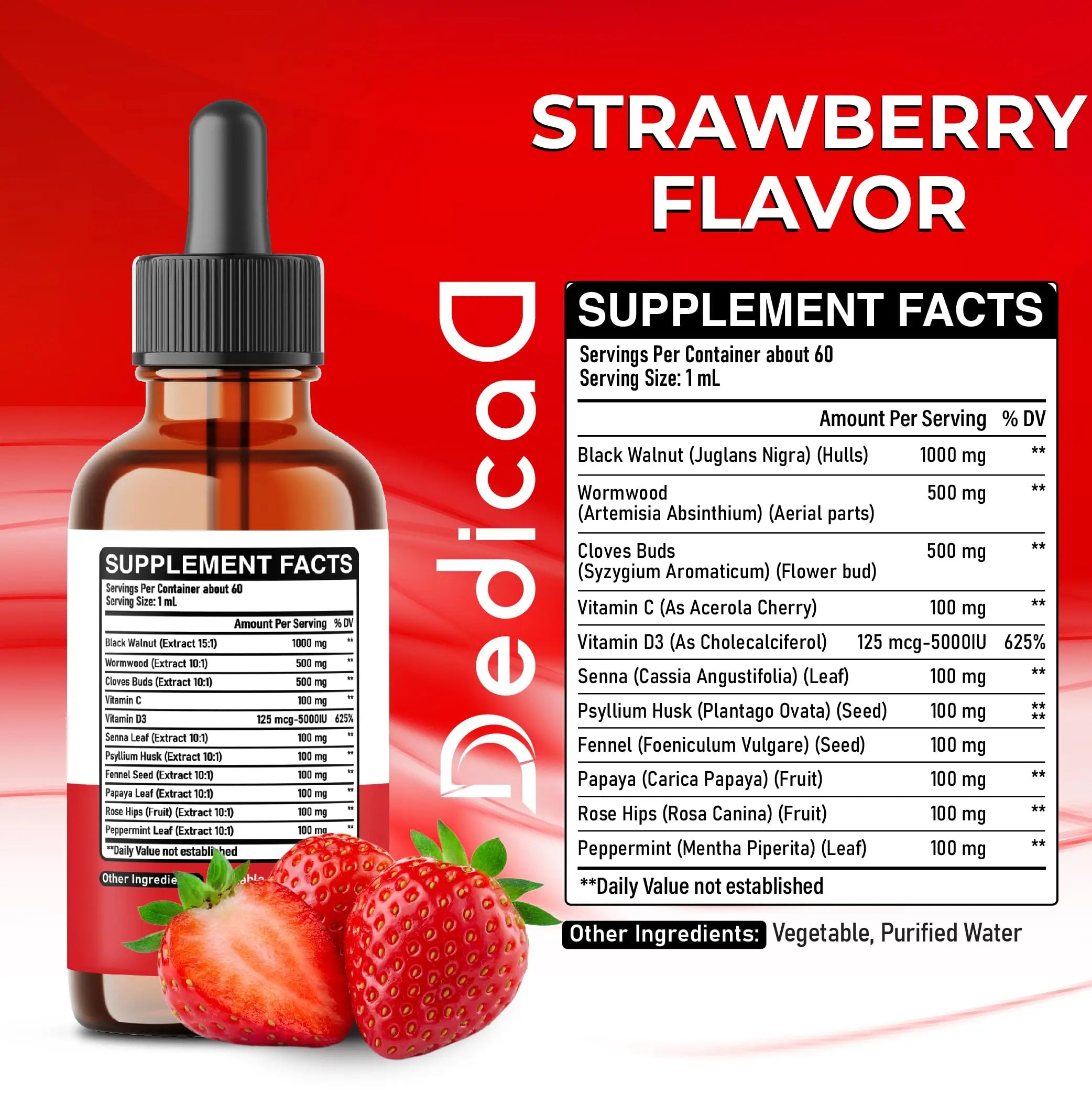 DEDICAD 11in1 Black Walnut Wormwood Cloves Liquid Drops with Cloves Buds, Senna Leaf, Psyllium Husk, Fennel Seed, Papaya Leaf and More - 2 oz Fl - 60 Days - Strawberry Flavor DEDICADnz supplements