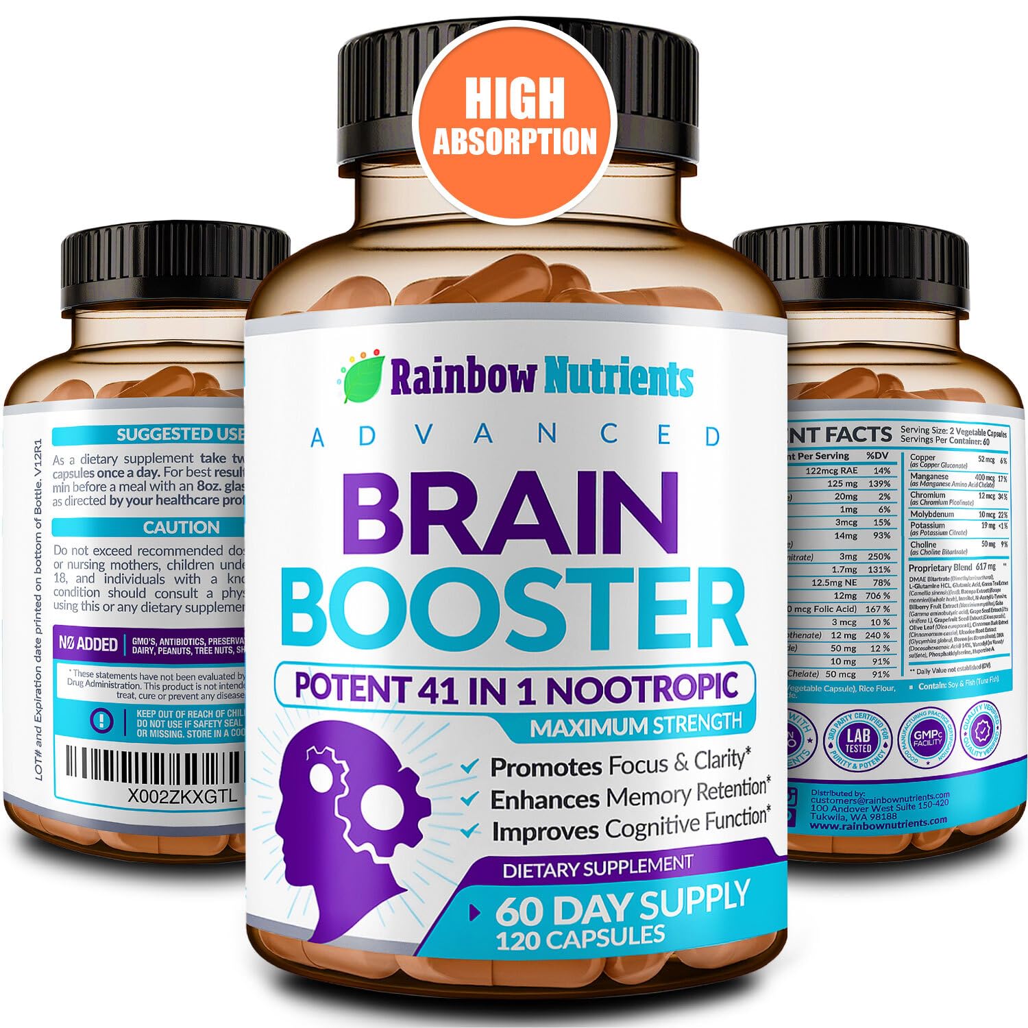 40-in-1 Brain Booster Supplements for Memory, Focus, Clarity, Energy, Performance | Natural Nootropic Brain Support Supplement with DMAE, Bacopa Monnieri & More | For Men & Women | 120 V Capsules Rainbow Nutrients, LLCAu supplements