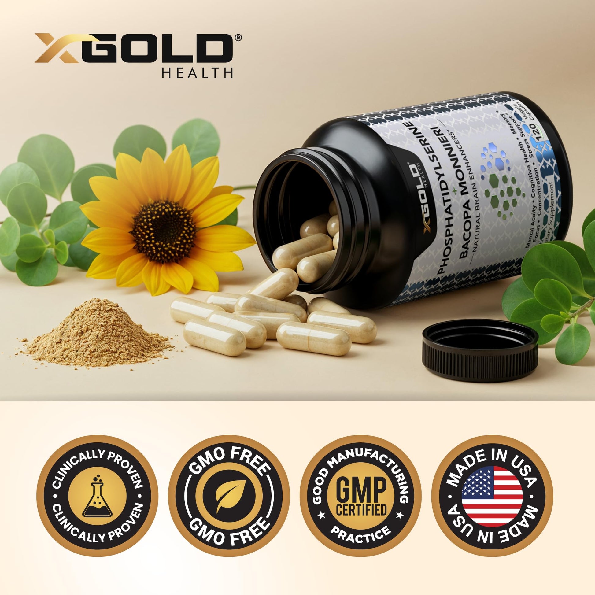 PhosphatidylSerine & Bacopa Monnieri 800 mg 2 in 1 Supplement - Natural Brain Enhancer/Nootropic for Enhanced Focus and Concentration, Memory Support, & Cognitive Function - 120 Vegetarian Capsules X Gold HealthAu supplements