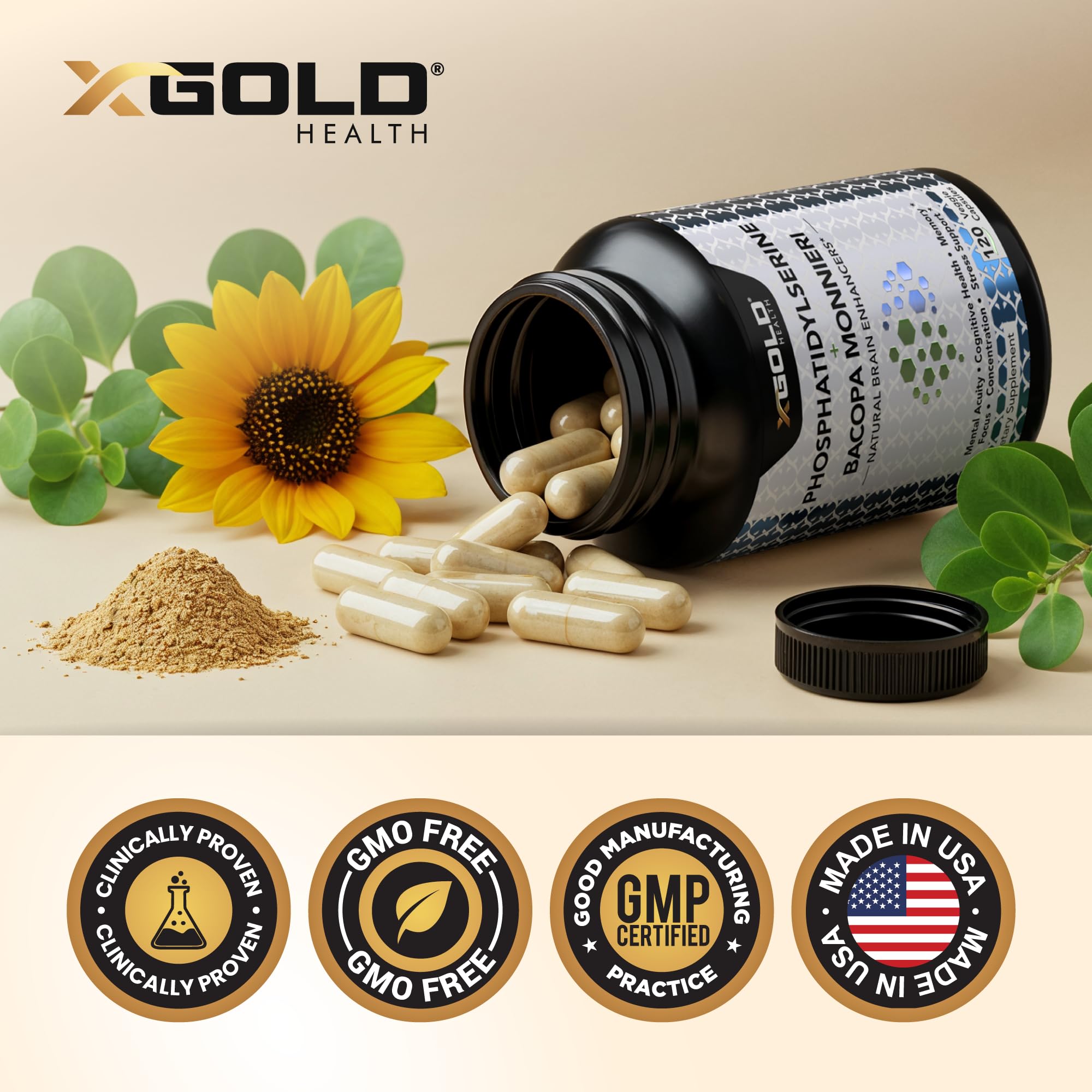 PhosphatidylSerine & Bacopa Monnieri 800 mg 2 in 1 Supplement - Natural Brain Enhancer/Nootropic for Enhanced Focus and Concentration, Memory Support, & Cognitive Function - 120 Vegetarian Capsules X Gold HealthAu supplements