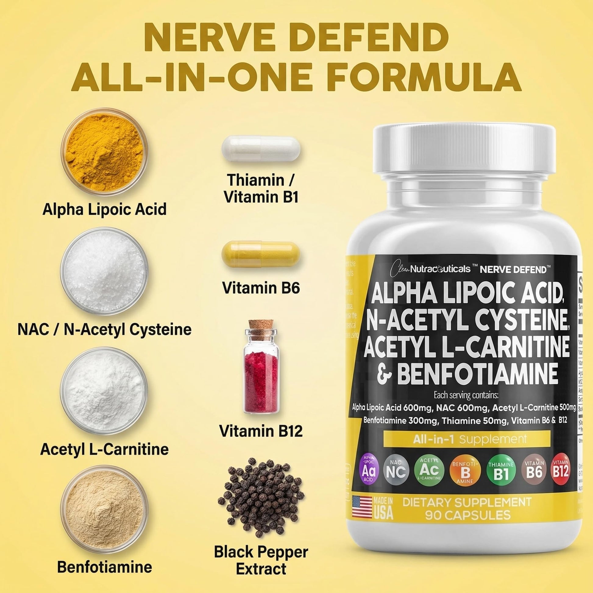 Alpha Lipoic Acid 600mg N-Acetyl Cysteine 600mg Acetyl L-Carnitine 500mg Benfotiamine 300mg - Nerve Support Supplement for Women and Men with Vitamin B1 B6 & B12 - Made in USA 90 Caps Clean NutraceuticalsAu supplements