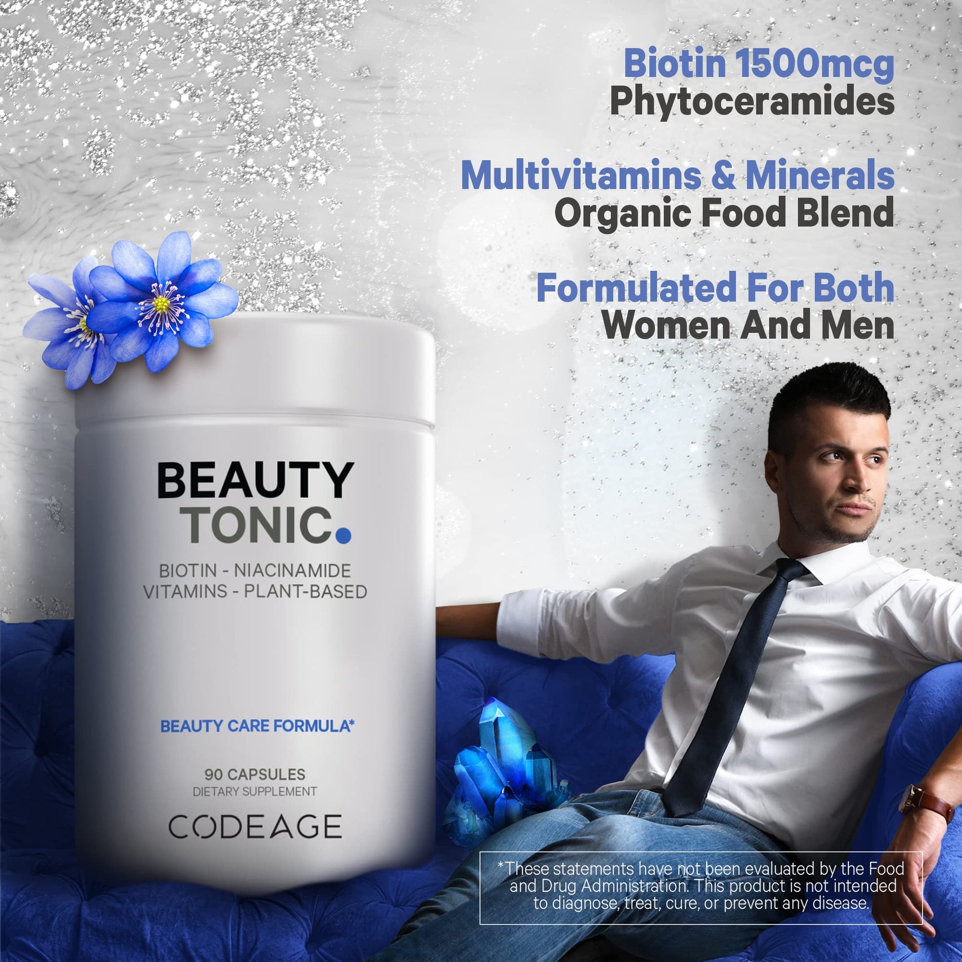 Codeage Biotin Supplement with Vitamin C, Vitamin E, Vitamin B6, Niacin, Folate, Organic Food Blend, Phytoceramides, Astaxanthin, Selenium - Beauty Tonic - Hair, Skin, and Nail Support - Vegan, 90 Ct CodeageAu supplements