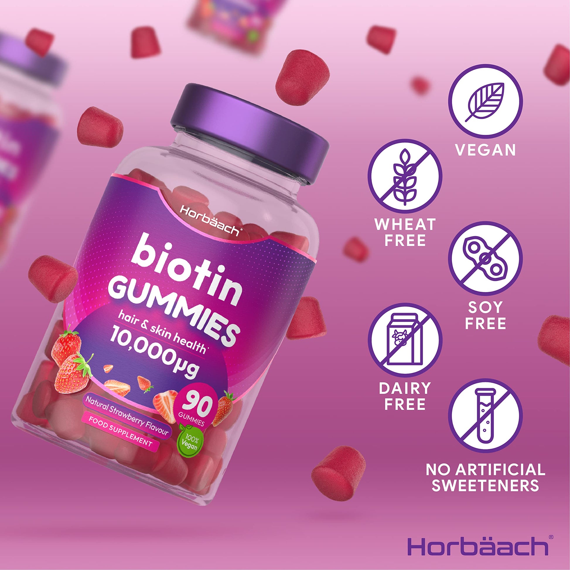 Biotin Gummies 10,000mcg | 90 Vegan Vitamins | Natural Strawberry Flavour HorbäachUS supplements
